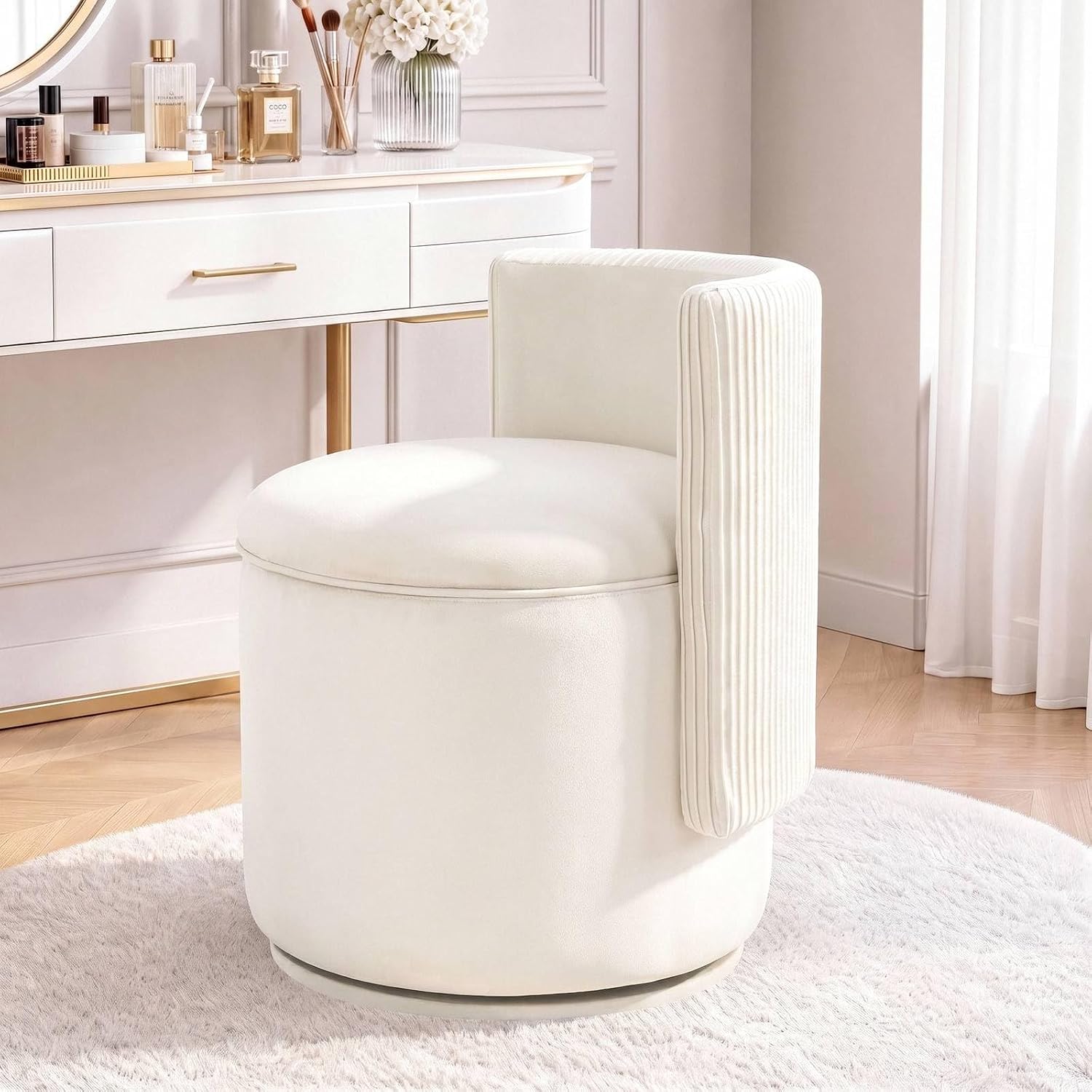 TLSUNNY 18.3'' XL Velvet Vanity Chair with Storage, 360°Swivel Makeup Stool