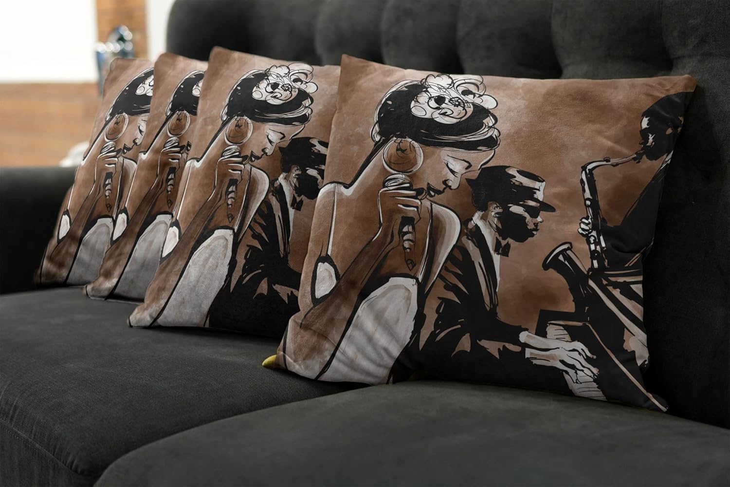 Ambesonne Jazz Decorative Throw Pillow Case Pack of 4, Musicans Singing Woman and Piano Saxophone Player Men, Cushion Cover for Couch Living Room Car, 18", Charcoal Grey
