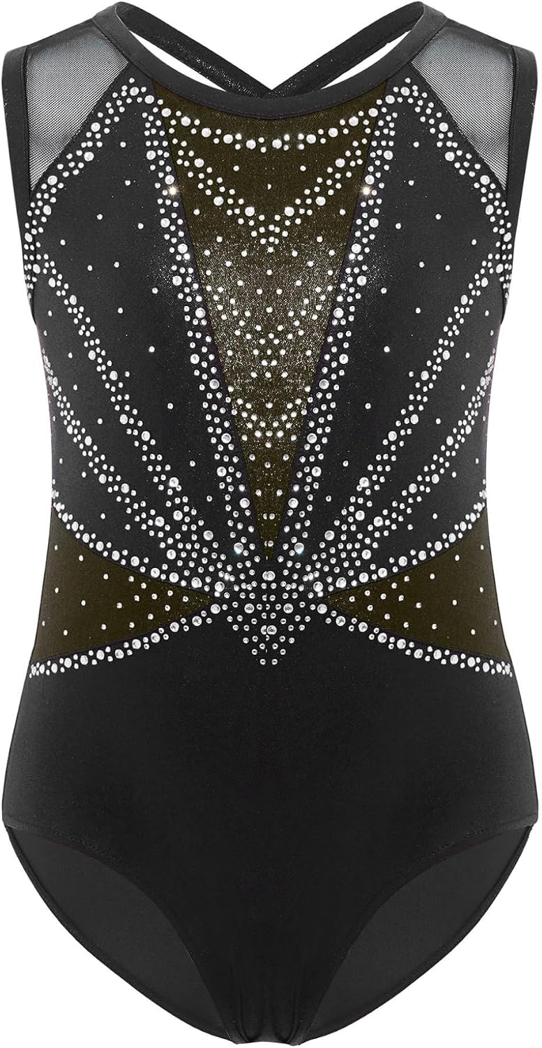 Jan Jean 3-piece Glitter Rhinestones Figure Skating Set for Girls Sleeveless Crisscross Back Leotard with Shorts & Scrunchie