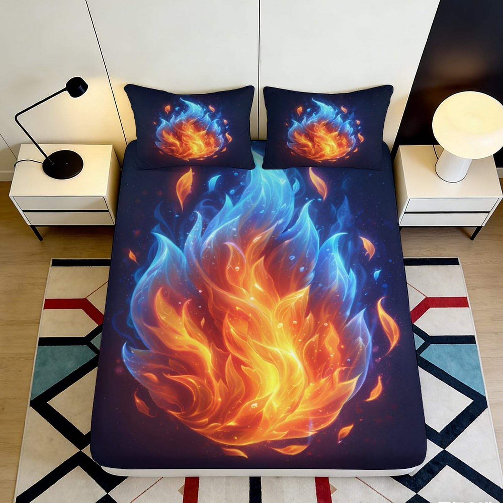 3D Printed Fire and Ice Fitted Sheet Microfiber Soft Mattress Cover Flame Wave Bed Sheet Bedroom Dorm Décor 140x200x25cm