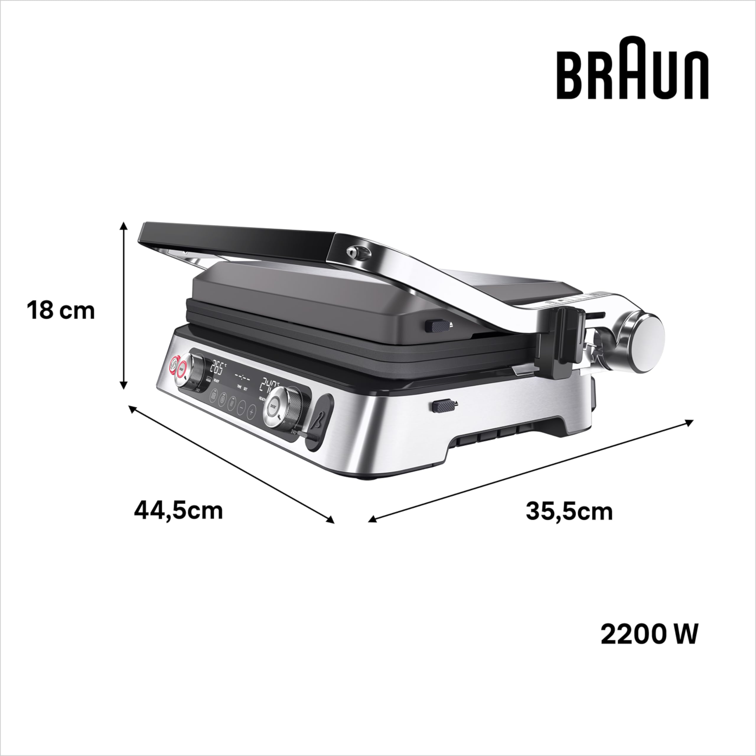 Braun MultiGrill9 CG9167, elektryczna kratka sterowana elektronicznie, 2 niezależne termostaty, 3 pozycje gotowania, sonda termiczna, funkcja BOOST, zestaw płyt grillowych, gładki+gofry, 2200 W