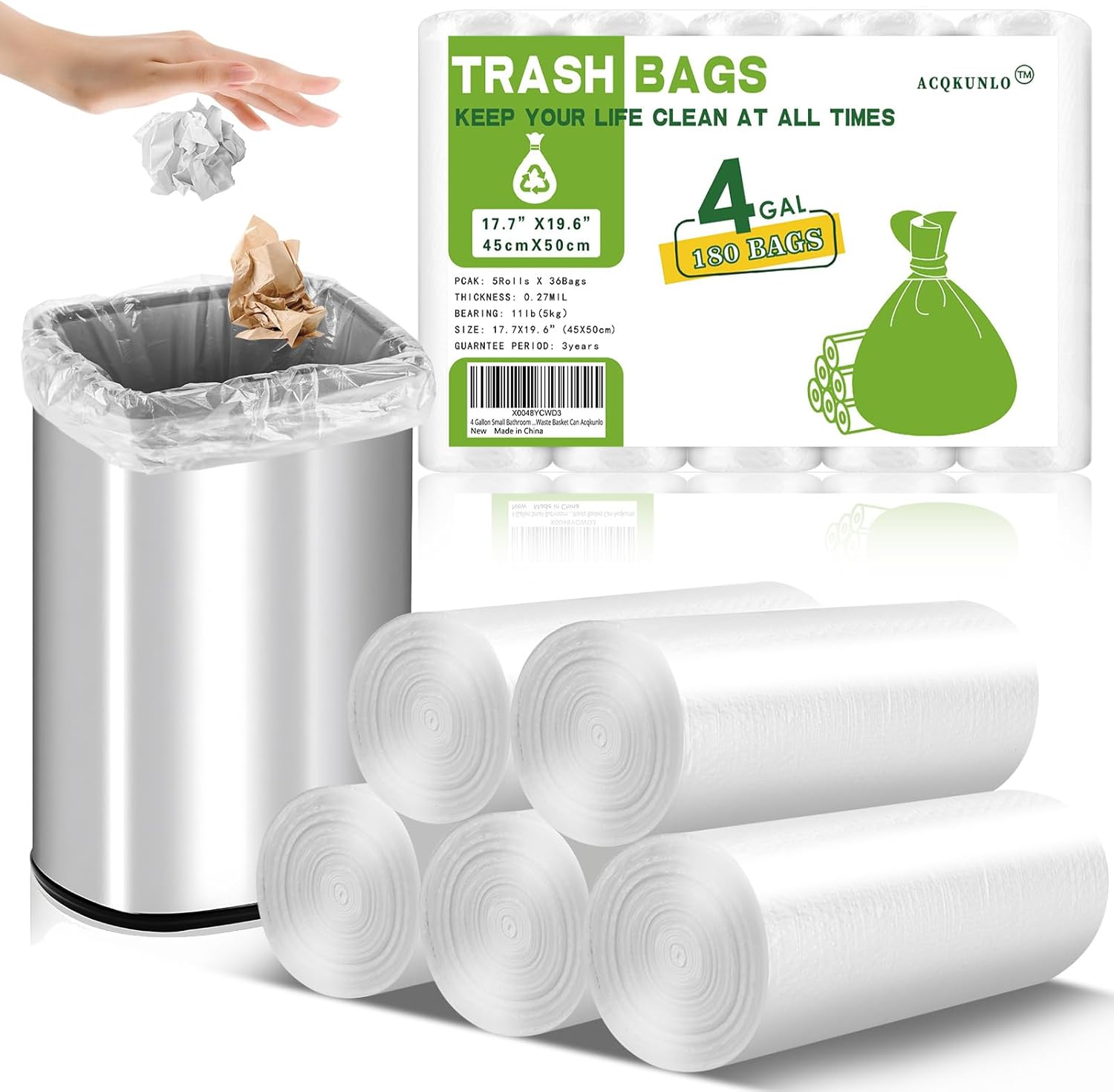 4 Gallon Small Bathroom Trash-Bag Kitchen-Garbage-Bags – Clear Unscented 180 Counts Plastic Mini Strong Little Office Car Restroom Tiny Waste Basket Can Acqkunlo
