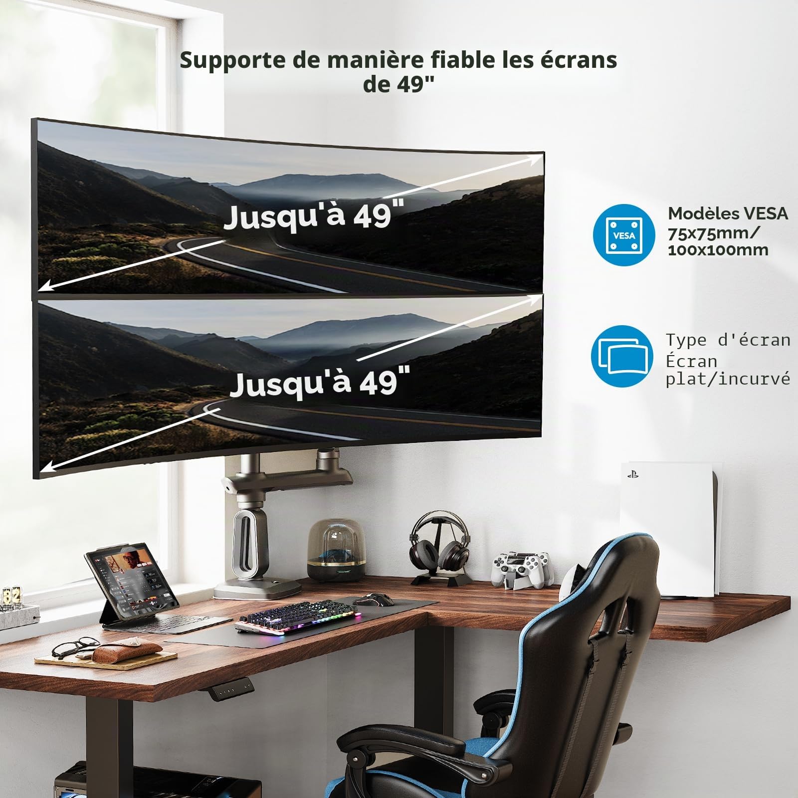 HUANUO Bras Écran PC 2 Écran Ultra-Large 13 à 49 Pouces à 18 kg, Support Double Écran PC Bureau Extra Haut e, Support Écran PC 2 Écran Empilé Verticalement et Réglable, VESA Max 100 x 100mm