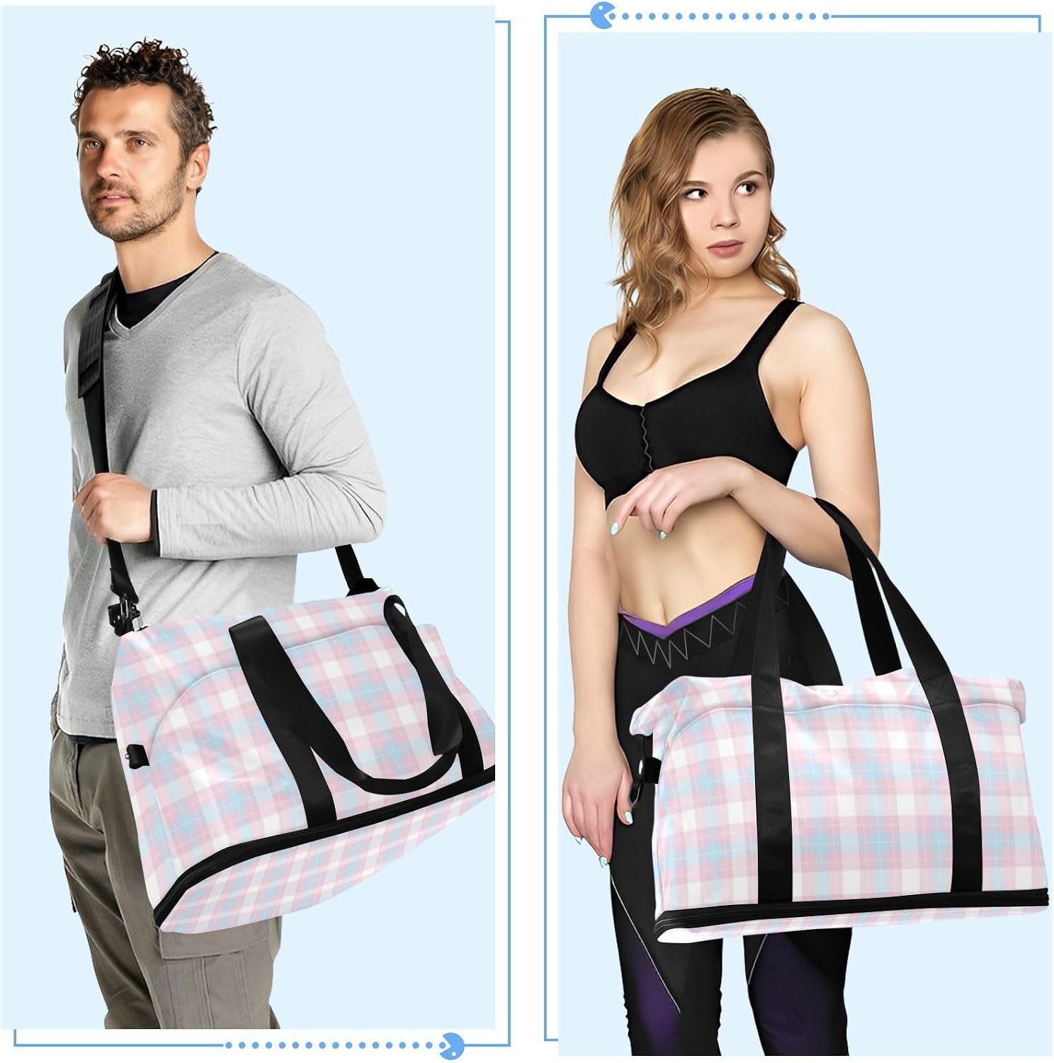 Powder Blue Checkerboard Sports Tote Gym Bag Carry On Weekend Bag with Adjustable Strap for Sports Large Capacity