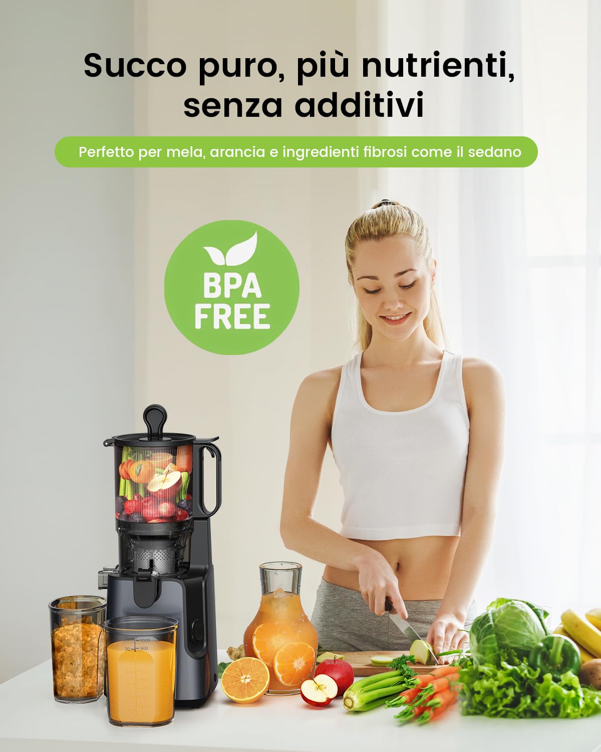 Slow Juicer, spremiagrumi da 130 mm e contenitore da 1,8 l, spremiagrumi a freddo per frutta e verdura intera, facile da installare e pulire, senza BPA