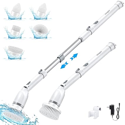 Homyeko Electric Spin Scrubber, Cordless Cleaning Brush with Long Handle for Bathroom, Power Scrubber Brush for Tub, Floor, Car Wheel, Tile Cleaning, 5 Replaceable Brush Heads