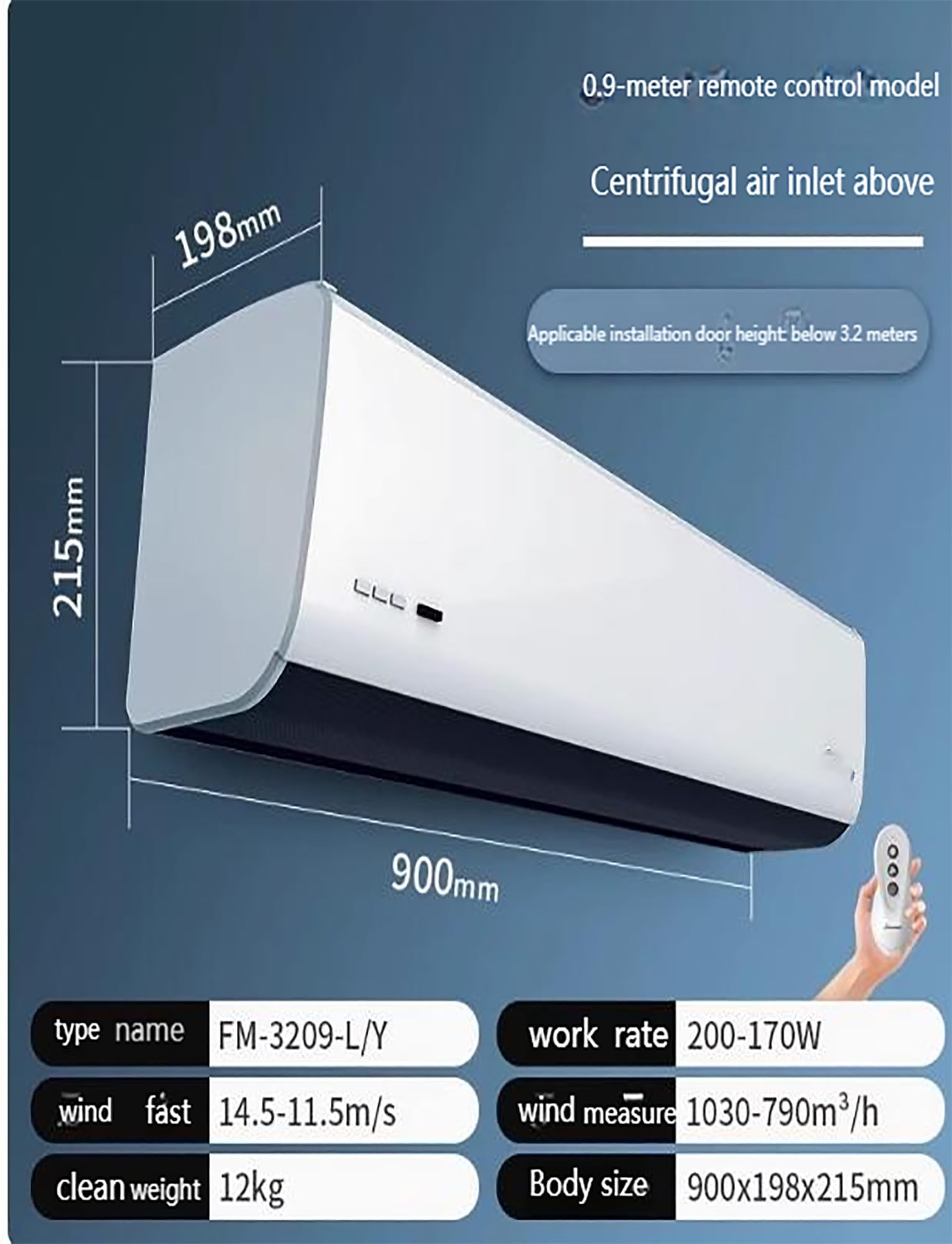 Cortina de aire comercial para puertas con control remoto, alto flujo de aire, máquina ligera para exteriores