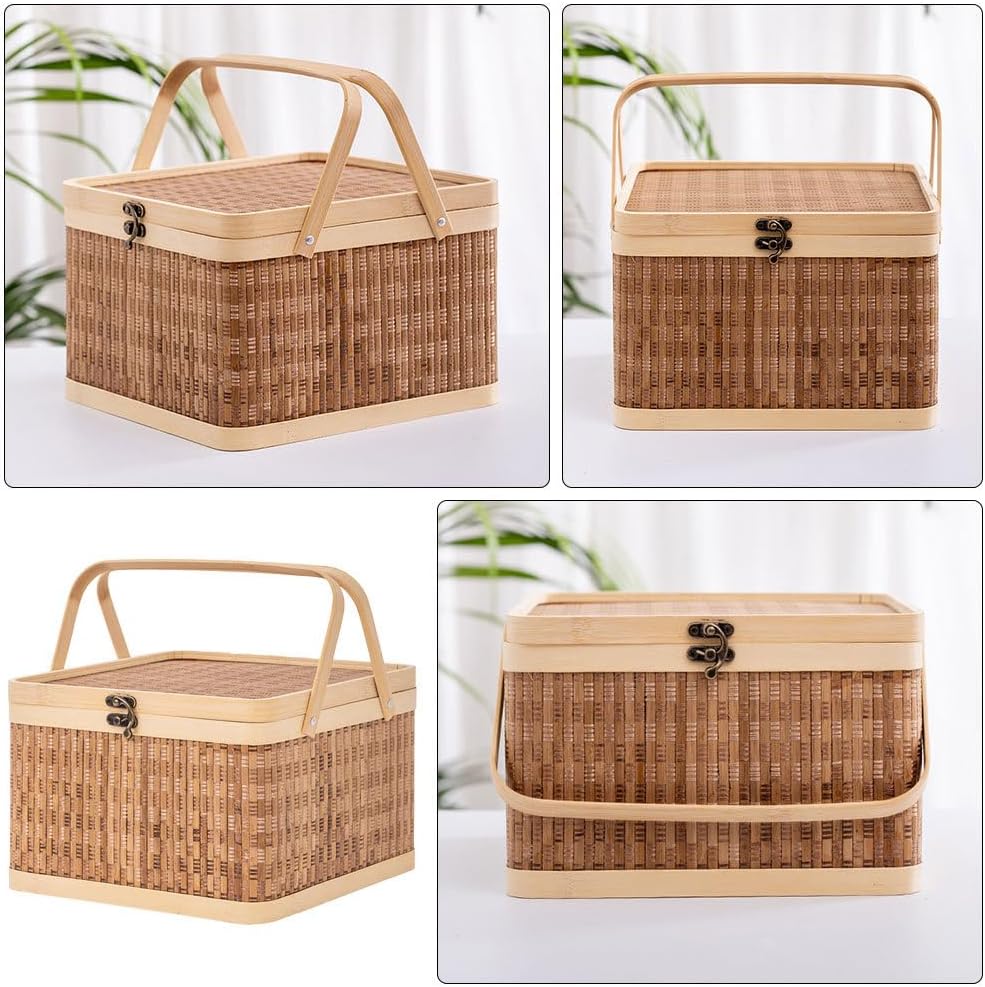 Woven Basket with Handle and Lid Portable Egg Storage Holder Large Bamboo Picnic Basket for Home Organization Outdoor Use