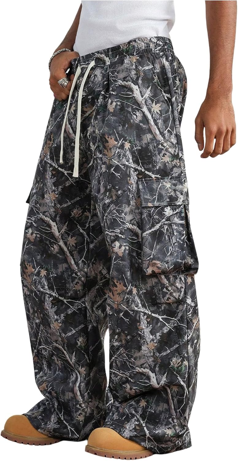 SOLY HUX Men's Baggy Cargo Pants Wide Leg Parachute Pants with Pocket Streetwear
