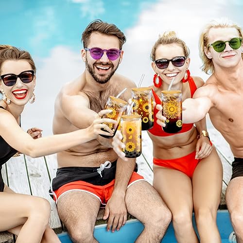 Miniatura 4 de Zubebe Vaso de vidrio de girasol con tapas y pajitas de bambú de 16 onzas, vasos de café helado de girasol, lata de cerveza con margaritas, regalos