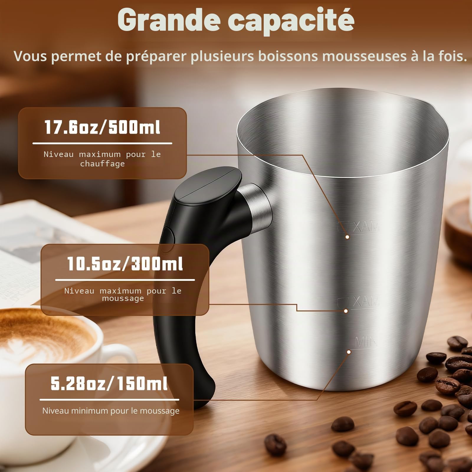 Mousseur à lait électrique – Mousseur 5-en-1, Pichet en acier inoxydable 500 ml, bol amovible et compatible lave-vaisselle, contrôle de la température, pour lait chaud et froid, cappuccino, latte