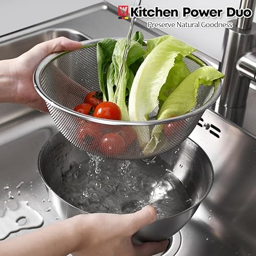 Miniatura 8 de Juego de tazón de acero inoxidable y colador de 3 patas, canasta de cocina multiusos con colador de malla fina, cuenco para mezclar ensalada con