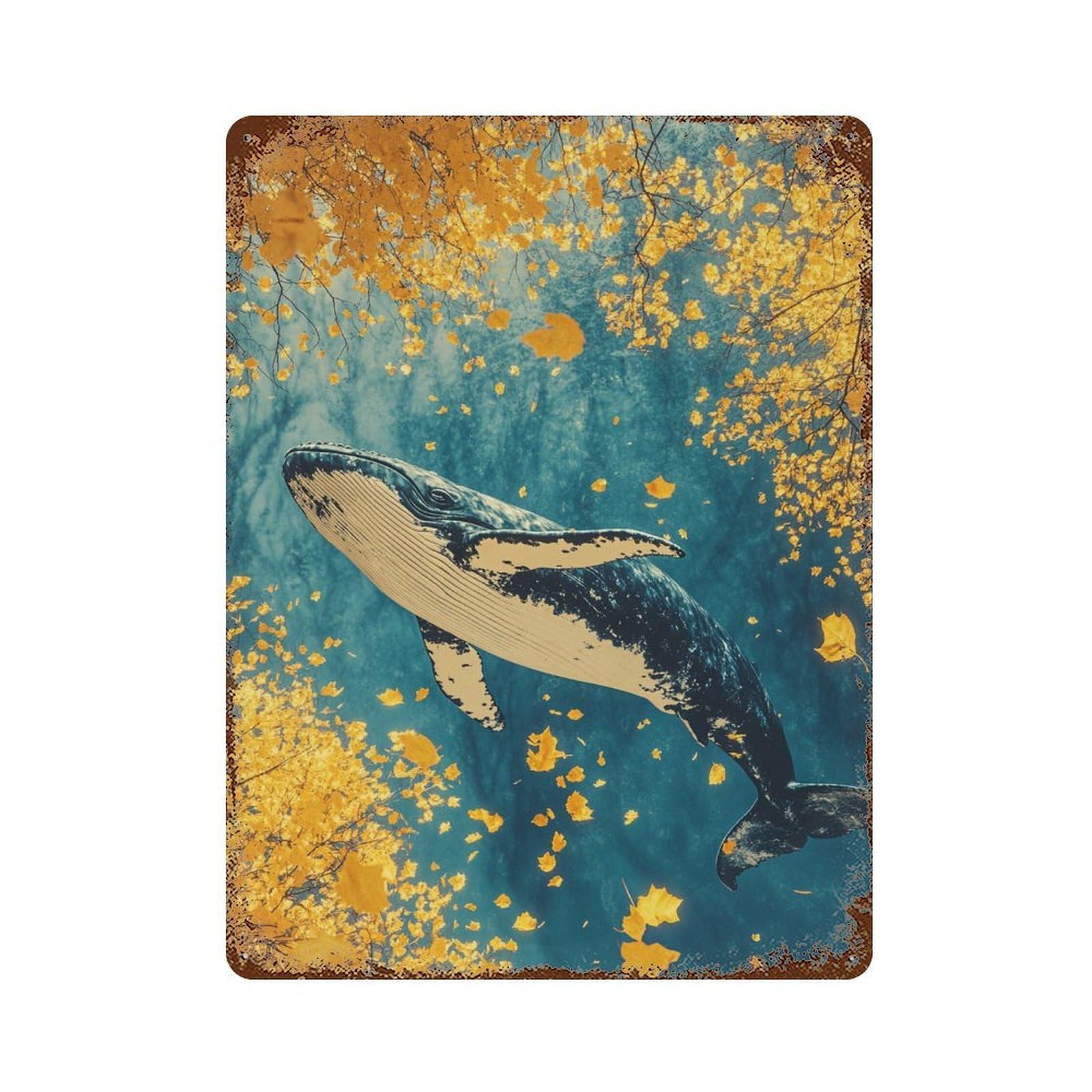 Vintage Rust Metal Sign Whale in Autumn Leaves 15.7"x11.8", Old School Wall Decor for Office, Studio And Wall Decor