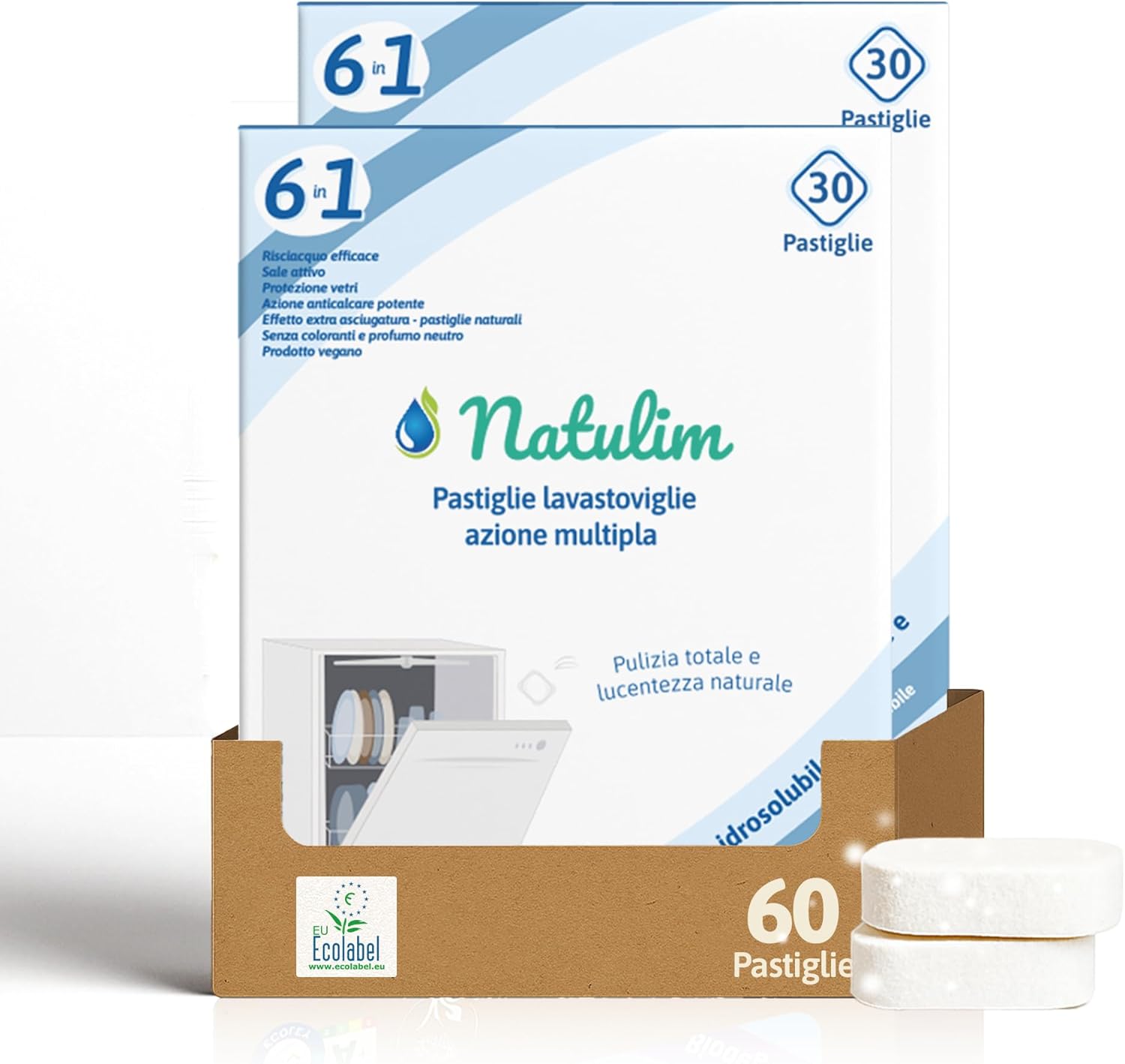 NATULIM - Pastiglie Lavastoviglie Ecologiche Naturali - Capsule Idrosolubili per Lavaggio Efficace e Delicato - 60 Pastiglie