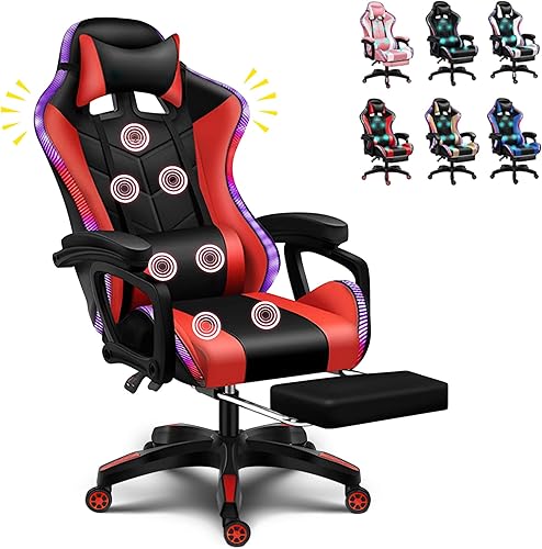 B0C4HBRJVJ_image_8 Silla LED para videojuegos, silla de juegos para computadora con altavoces Bluetooth y luces RGB, masajeador completo, silla giratoria reclinable,