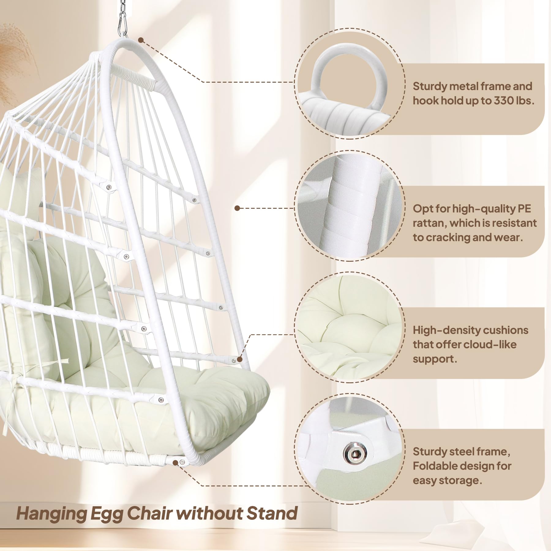 Sedia a Dondolo Pieghevole in Rattan per Interni ed Esterni - Vimini con Kit Appeso in Acciaio Inossidabile, Cuscino Resistente ai Raggi UV - Camera da Letto
