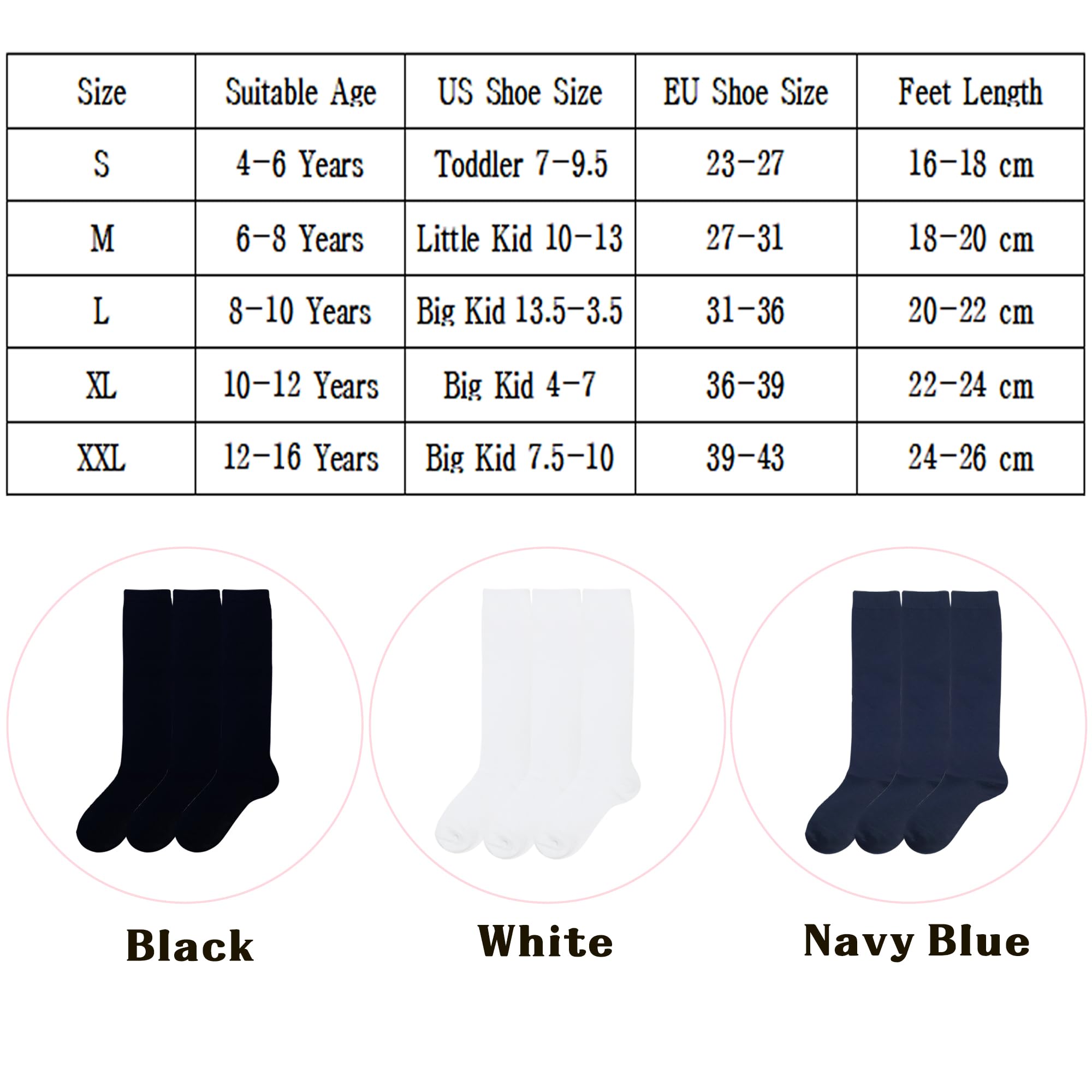 YEJIMONG Kniestrümpfe für Mädchen, Schuluniform, Kleid, Baumwolle, lange Socken für Kinder, Jungen, 3 Paar, Schwarz, Weiß, Marineblau, 4–16 Jahre