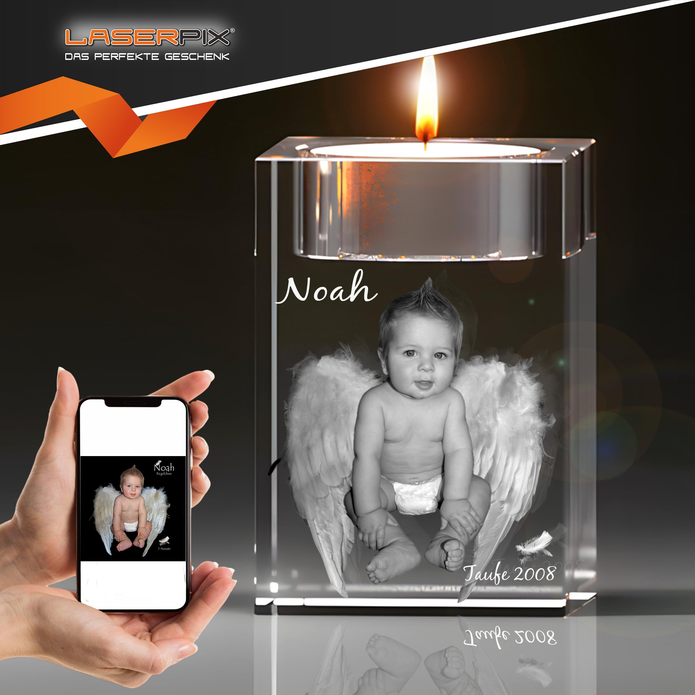 3D Taufkerze in Glas – Personalisierte Gravur mit Teelicht, Erinnerungsgeschenk zur Taufe, 3D-Foto, emotionales Geschenk, lebenslange Freude