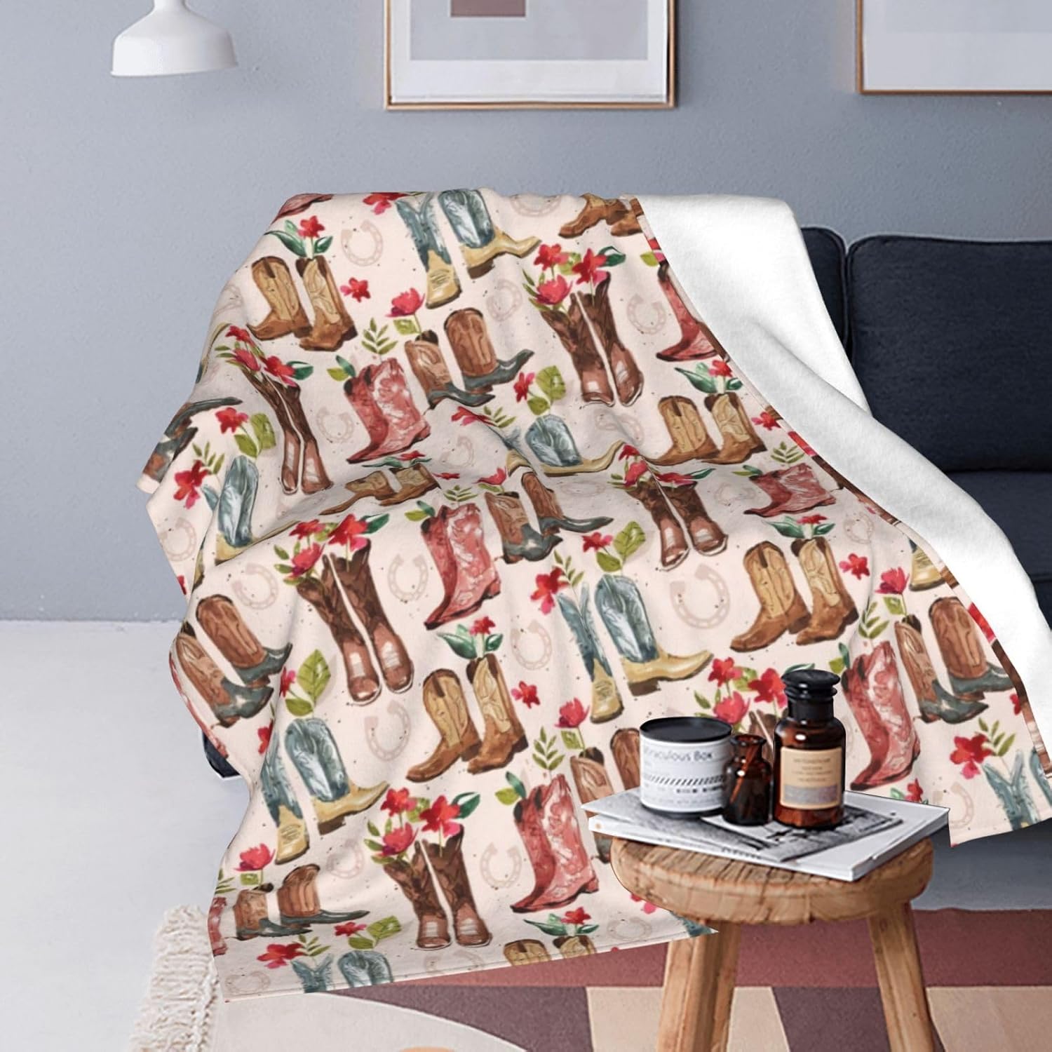 Western Cowboy Blanket Country Cowboy Boots Throw Blanket Super Soft Cozy Plush Lightweight Fleece Flannel Flower Decor Blanket Gifts for Girls Boys Women Men Adults for Sofa Couch 50"X60"