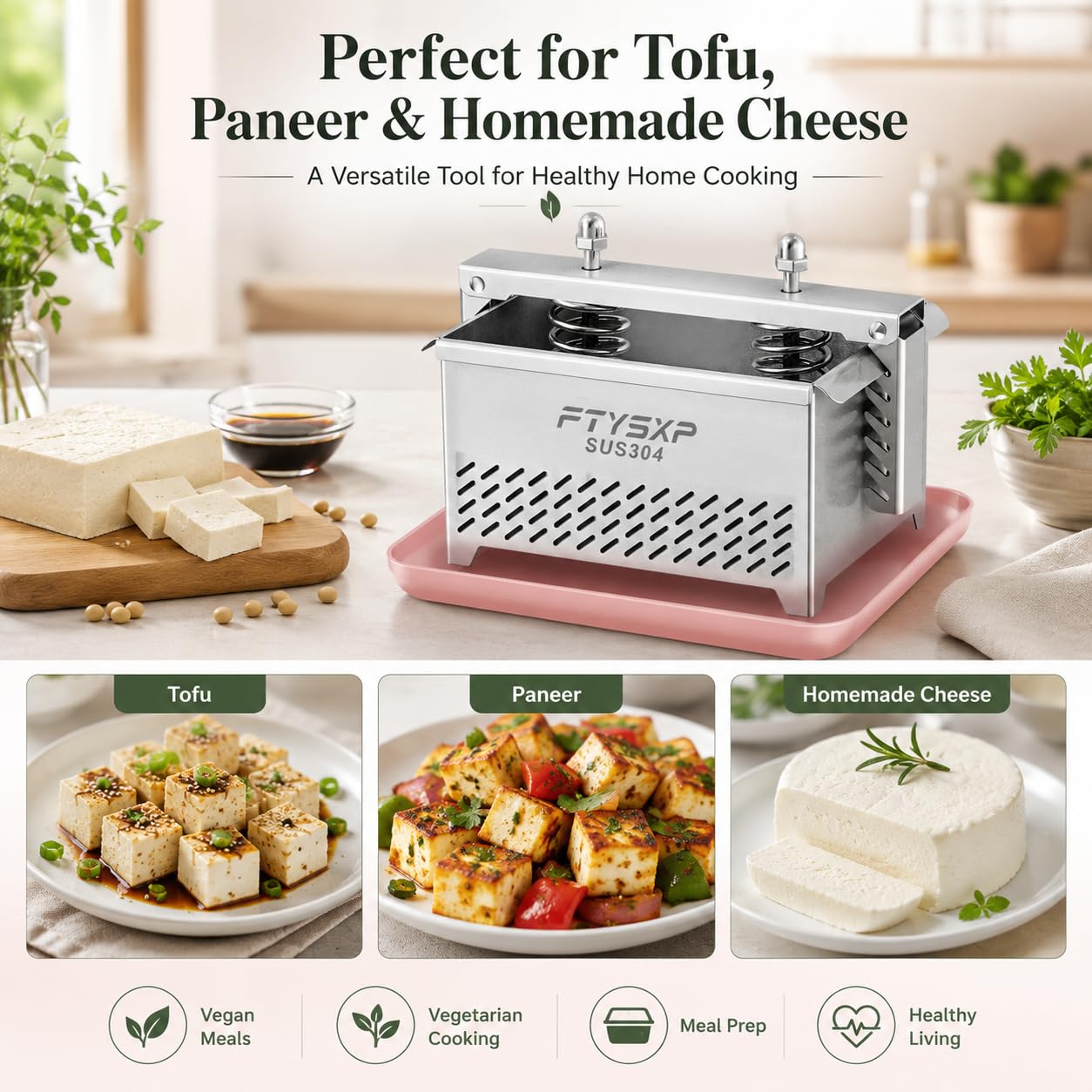 Tofupresse – 304 Edelstahl Käsepresse, Paneer machen und vegetarische Tofupresse, starker Druck verstellbar, BPA-frei, spülmaschinenfest für Tofu-Maker und Paneerpresse (16 x 14 x 13 cm)