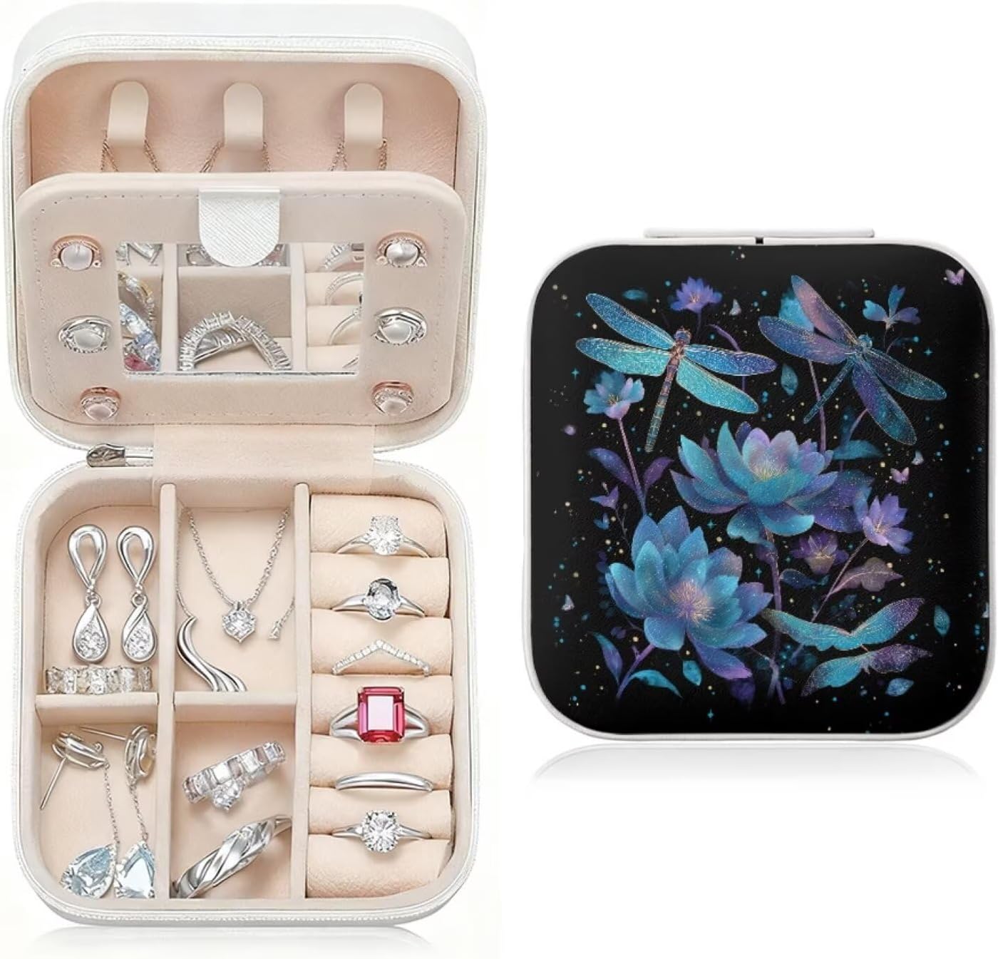 Dragonfly Lotus Print Travel Jewelry Box for Women Small Makeup Travel Case Compact Travel Accessories Case with Removable Dividers for Travel Casual Outings
