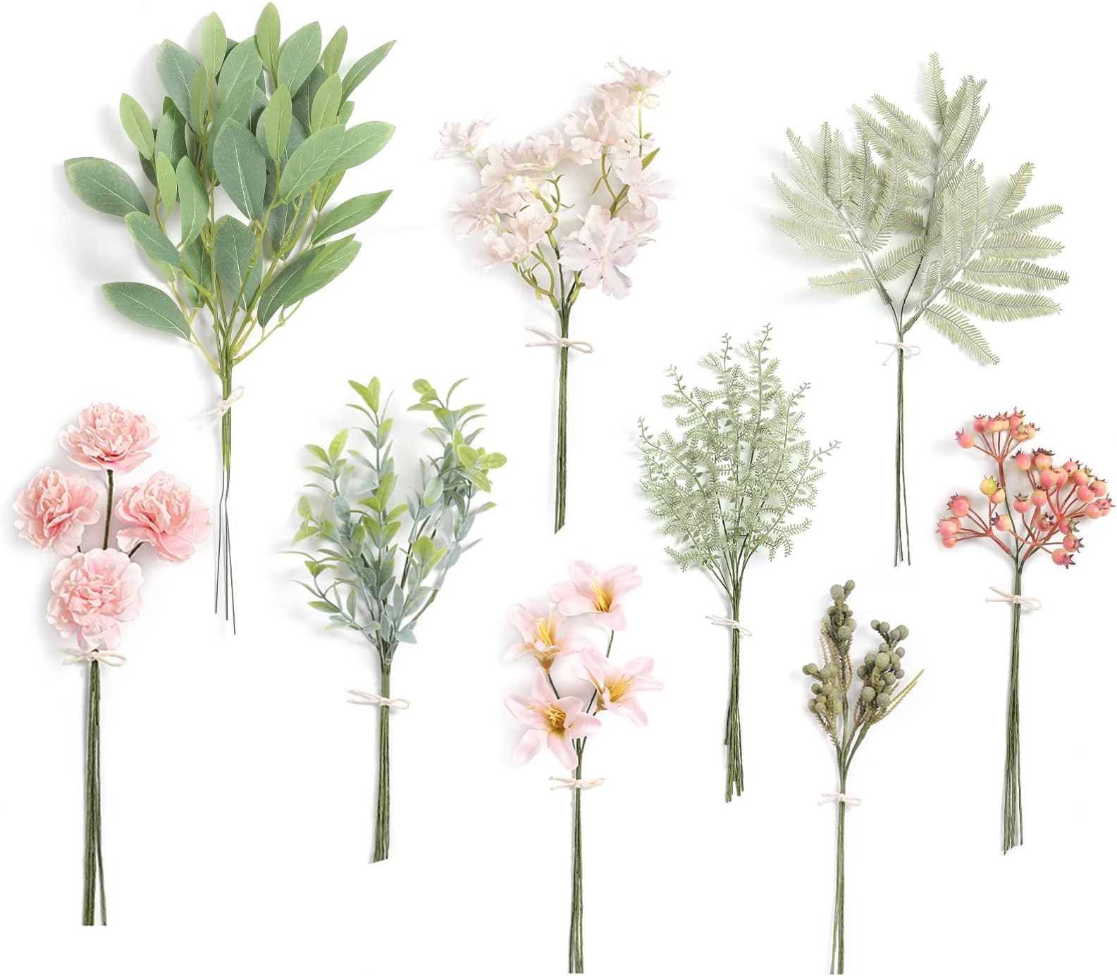 Serra Flora Artificial Greenery Stems Box Set,(Pack of 47pcs) with 9 Kinds of Faux Pink Green Filler for DIY Bridal Bouquets Wedding Floral Arrangement Table Centerpieces