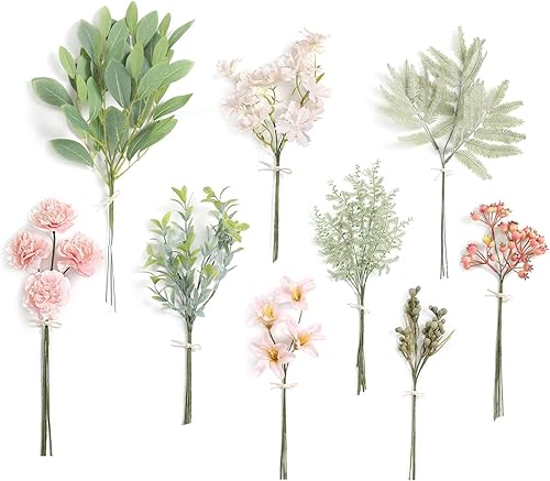 Miniatura 7 de Serra Flora Juego de caja de espray de vegetación artificial (paquete de 53 piezas) con 6 tipos de relleno verde dorado para centros de mesa de ramo