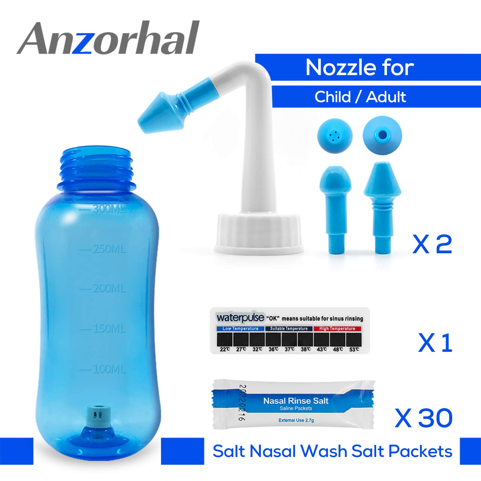Nasendusche Set-Anzorhal Nasendusche Erwachsene 300ml mit 30 Beutel Nasendusche Salz und Thermometer-Aufkleber Nasenspülkanne Nasendusche Kinder Neti Pot zum Nasenreinigung und Nasenspülung (30 Salz)