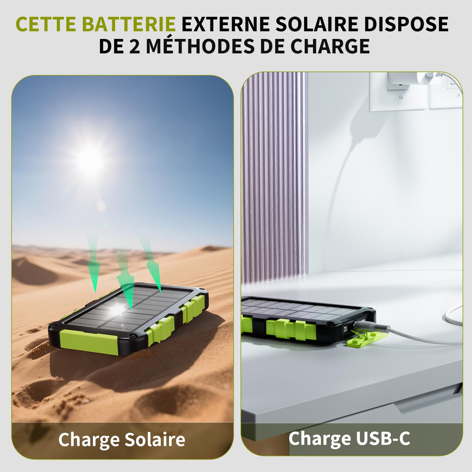Batterie Externe Solaire 10000mAh PD 22,5W Chargeur Solaire avec 2 Ports USB et Une Entrée USB-C Charge Rapide Batterie Solaire Imperméable Compatible avec Téléphone Tablette Camping Vert