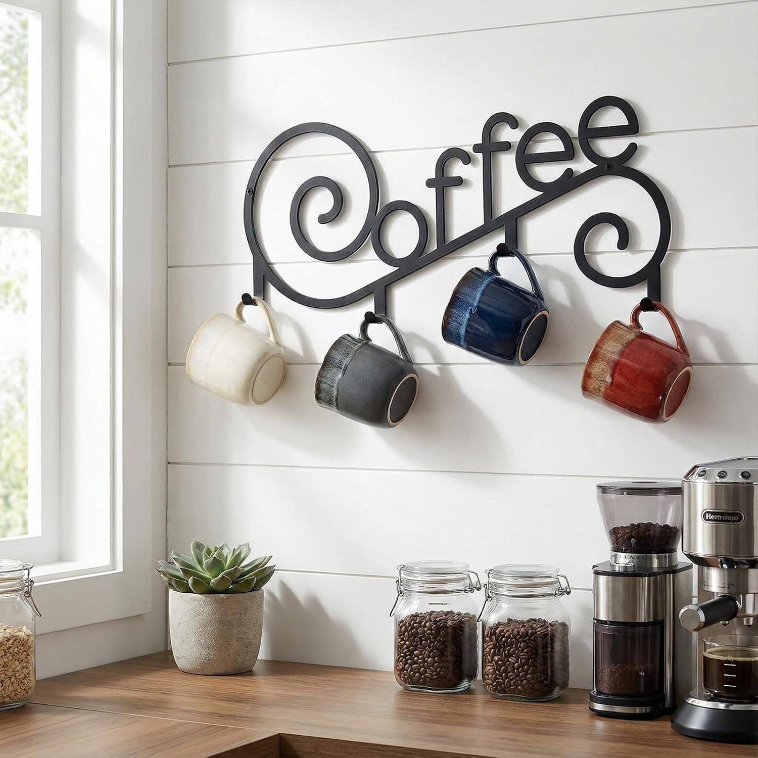 Metal Wall Mounted Coffee Cup Mug Holder with 4 Hooks, 15.75 x 6.3 Inch, Decorative Coffee Bar,Kitchen, Bar Station Accessories Decor
