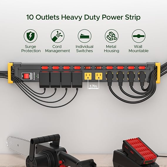 10 Outlet Heavy Duty Metal Power Strip with Individual Switches,3300J Surge Protector,1.7 Inch Wide Spacing for Large Adapters,6Ft Cord Managment for School,Garage,Workbench,ETL Listed(15A/1875W)