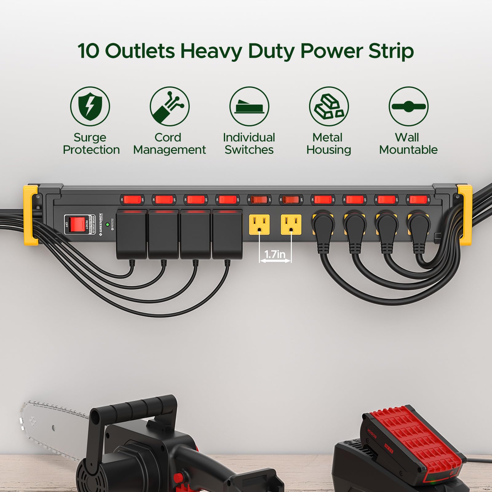 Regleta de alimentación resistente de 10 tomas con interruptores individuales, protector de sobretensiones de metal, enchufe plano, protección de sobrecarga 3300J 15A/1875W, gestión de cables de 6