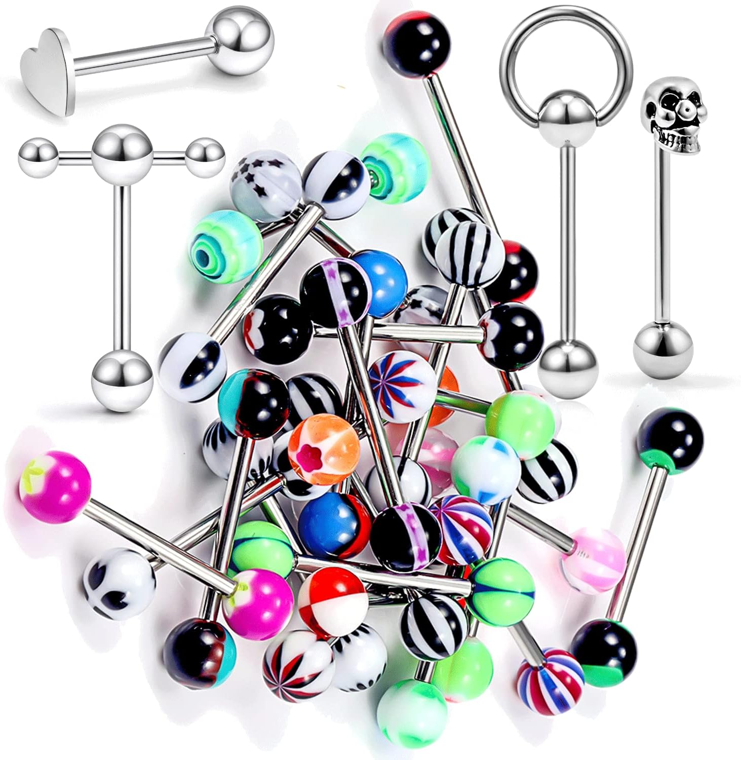 14G Silver/Rose-Gold/Rainbow Tongue Rings Piercing Jewelry for Women Men Work Surgical Steel Metal Tounge Barbell Acrylic Balls Set 29pcs