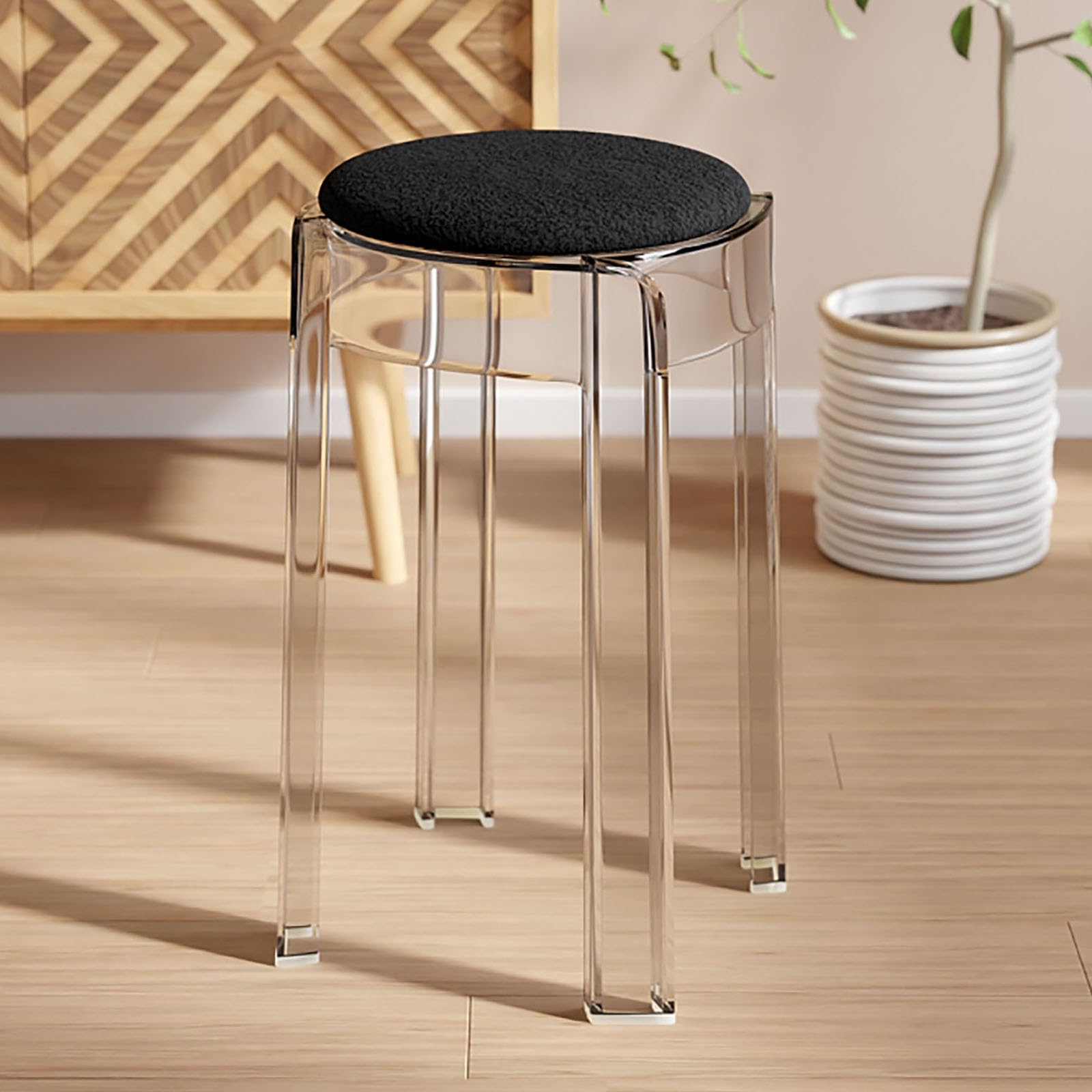 Cxlly Stackable Bar Stools Set of 2, Modern Acrylic Stools with Clear+Black Seat, 18in Height, 12in Diameter, 250lb Capacity
