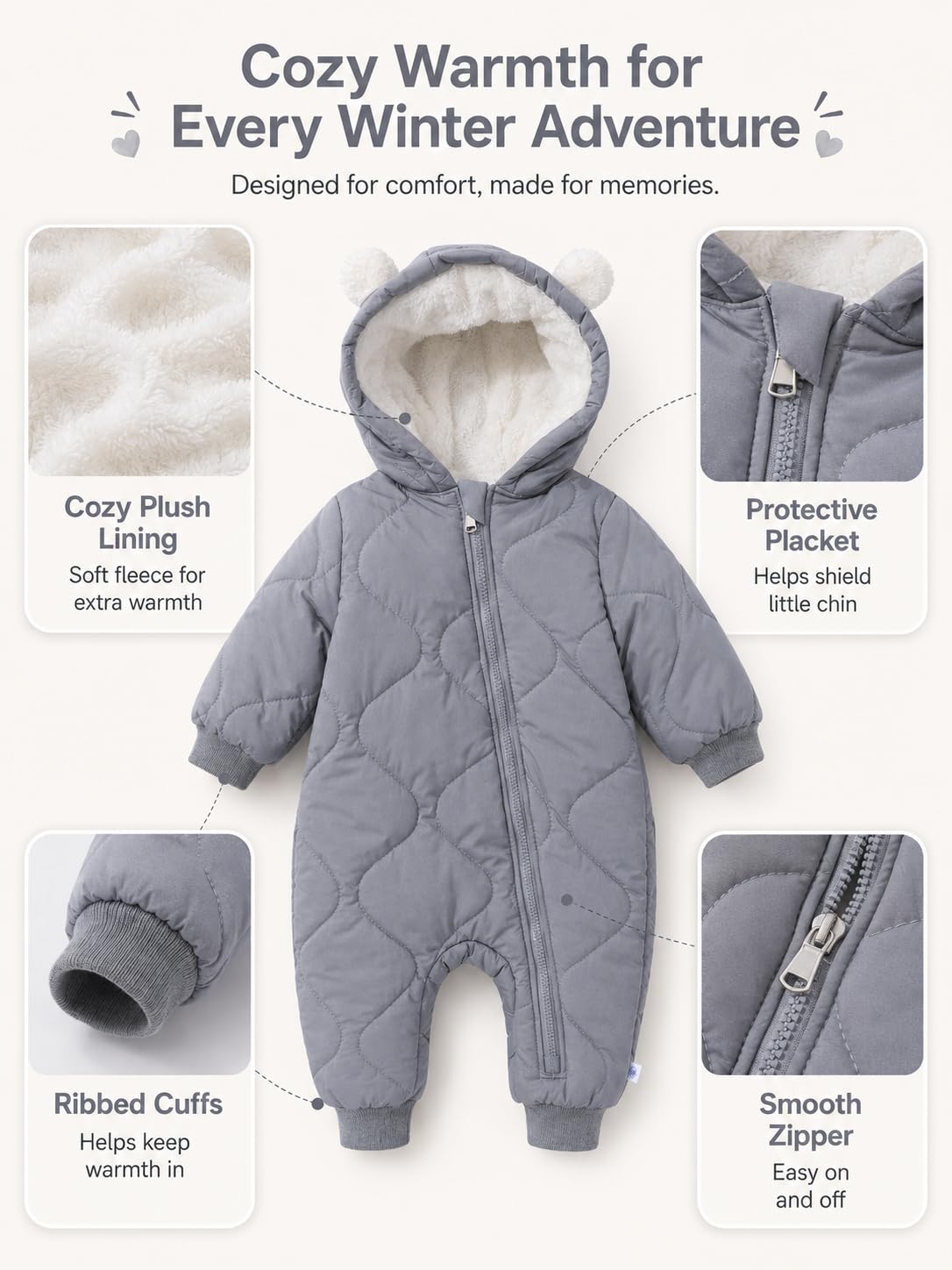 Baby Winter Overall mit Kapuze Junge Mädchen Schneenanzüge Fleece Winddicht Kleinkind Winterjacke Neugeborenes Dickes Reißverschluss Strampelanzug