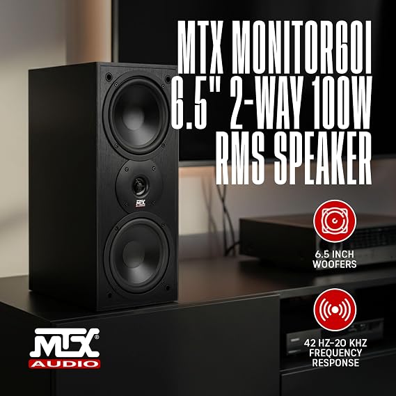 MTX Audio MONITOR60i 6.5 Inch 2-Way Bookshelf Speakers, 200W Polypropylene Wired Home Theater and Music Speaker System with RCA Input, Black