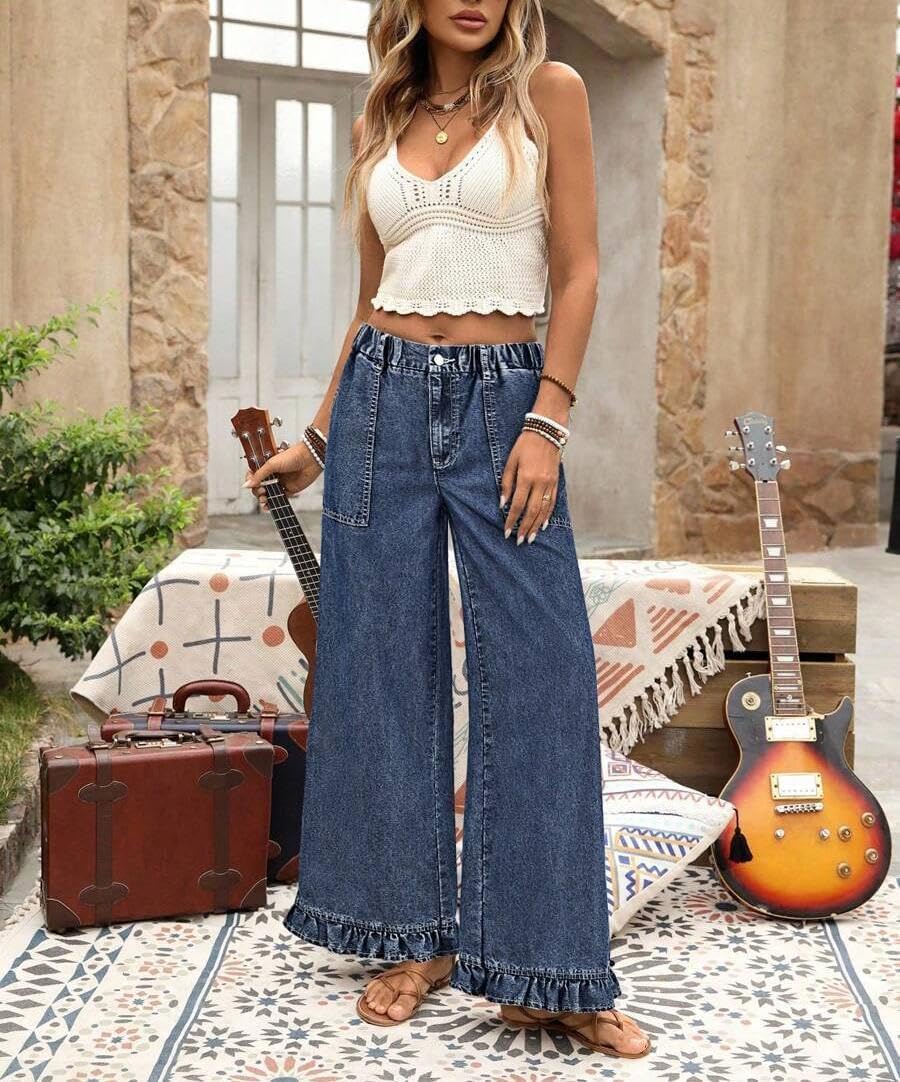 yoeasy Wide Leg Jeans for Women Elastic Waisted Baggy Jeans Trendy Casual Ruffle Hem Denim Pants with Pockets
