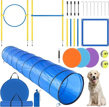 Dog Agility Course Backyard Set - Agility Training Equipment for Dogs Starter Kit-Pet Outdoor Games with Tunnel, Weave Poles, Adjustable Hurdle, Jump Ring, Pause Box, Toys and Carrying Bag