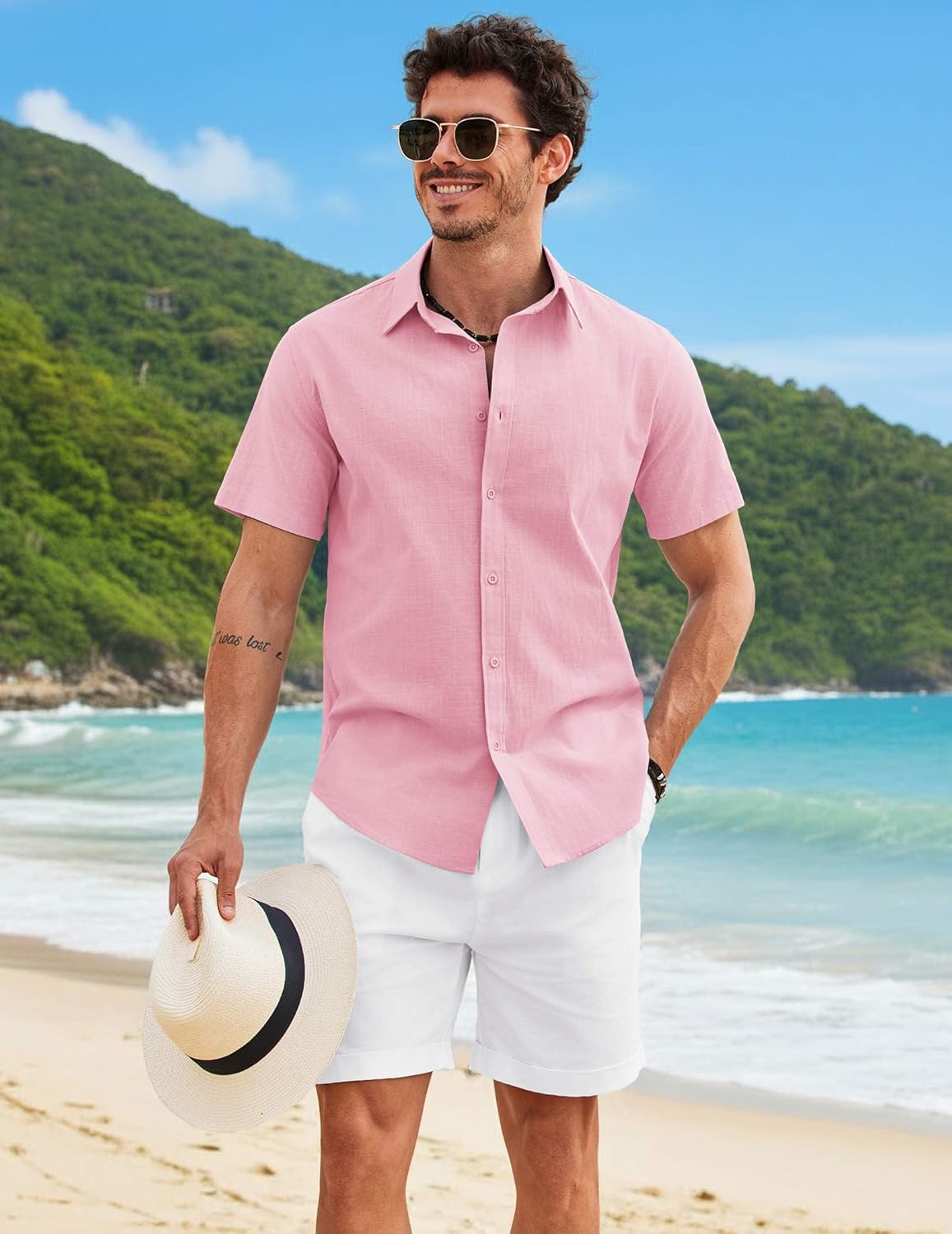 COOFANDY Mens Button Down Shirts Short Sleeve Casual Shirt Cotton Summer Beach Linen Wedding Shirts - Image 2