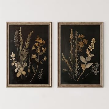 Vintage Floral Wall Art Decor Black Botanical Canvas Art Moody Flower Wall Art Dark Academia Poster Painting Vintage Floral Prints Pictures for Bedroom Living Room 12x16 Inch Set of 2 Unframed