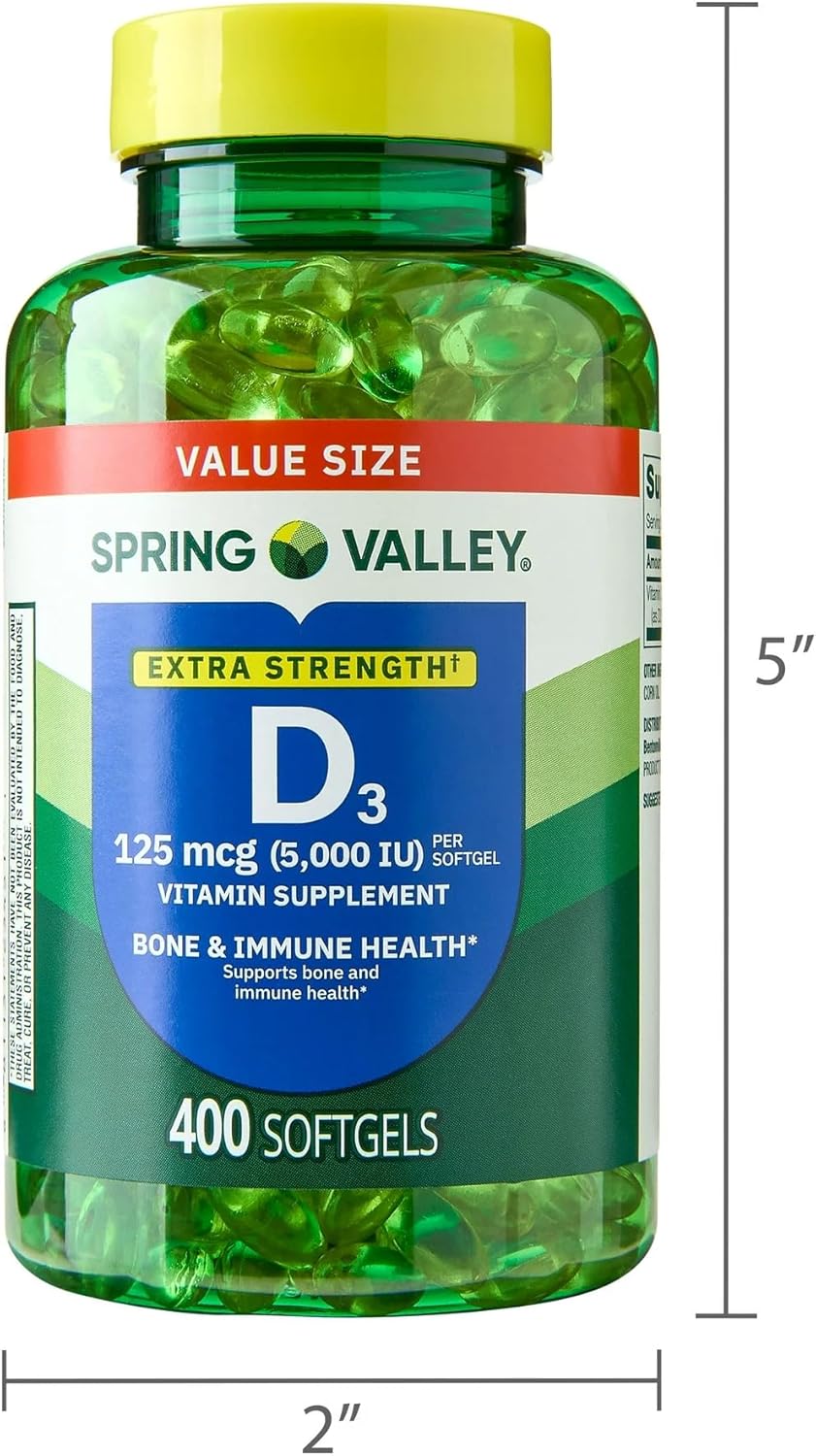 SUREFECT Spring Valley Extra Strength Vitamin D3 125 mcg (5000 IU) Softgels, Bone & Immune Support - 400 Count Organizer