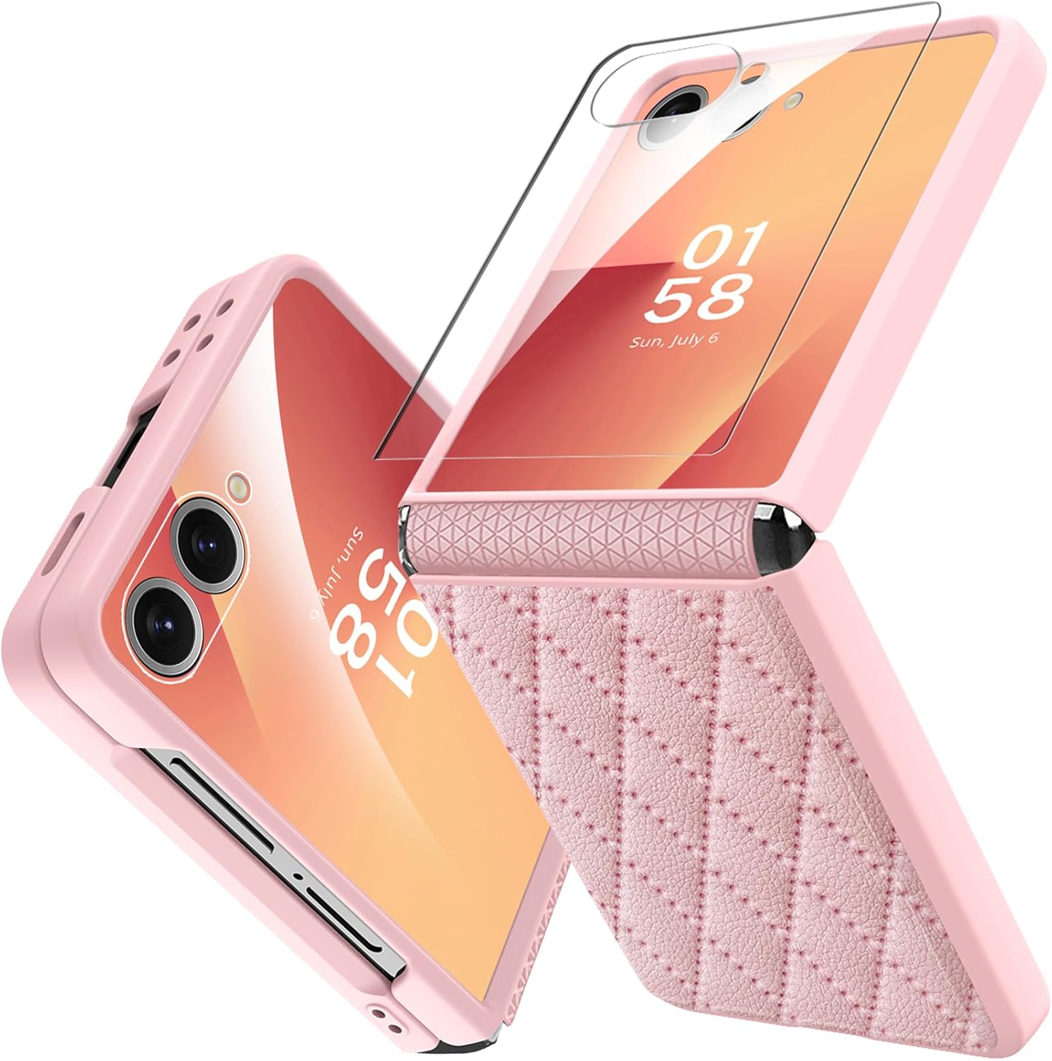 Miimall for Galaxy Z Flip 7 Soft Leather Case with Hinge Protection, Built-in 9H Screen Protector, Support Wireless Charging, Slim 360 Shockproof Protective Cover for Samsung Flip7 2025, Elegant Pink