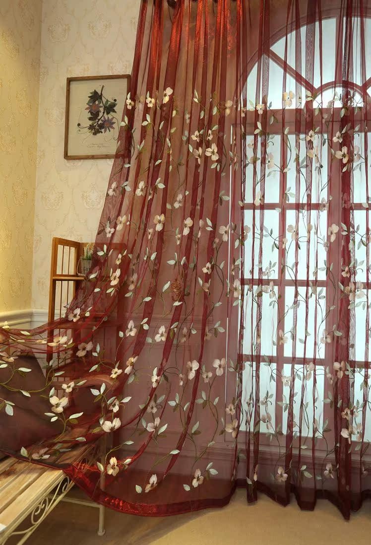 HooHero Blue Naturl Fresh Elily Floral Embroidered 52 Wide Sheer Curtains Kids Childern Room Decor Voile Liner Curtain