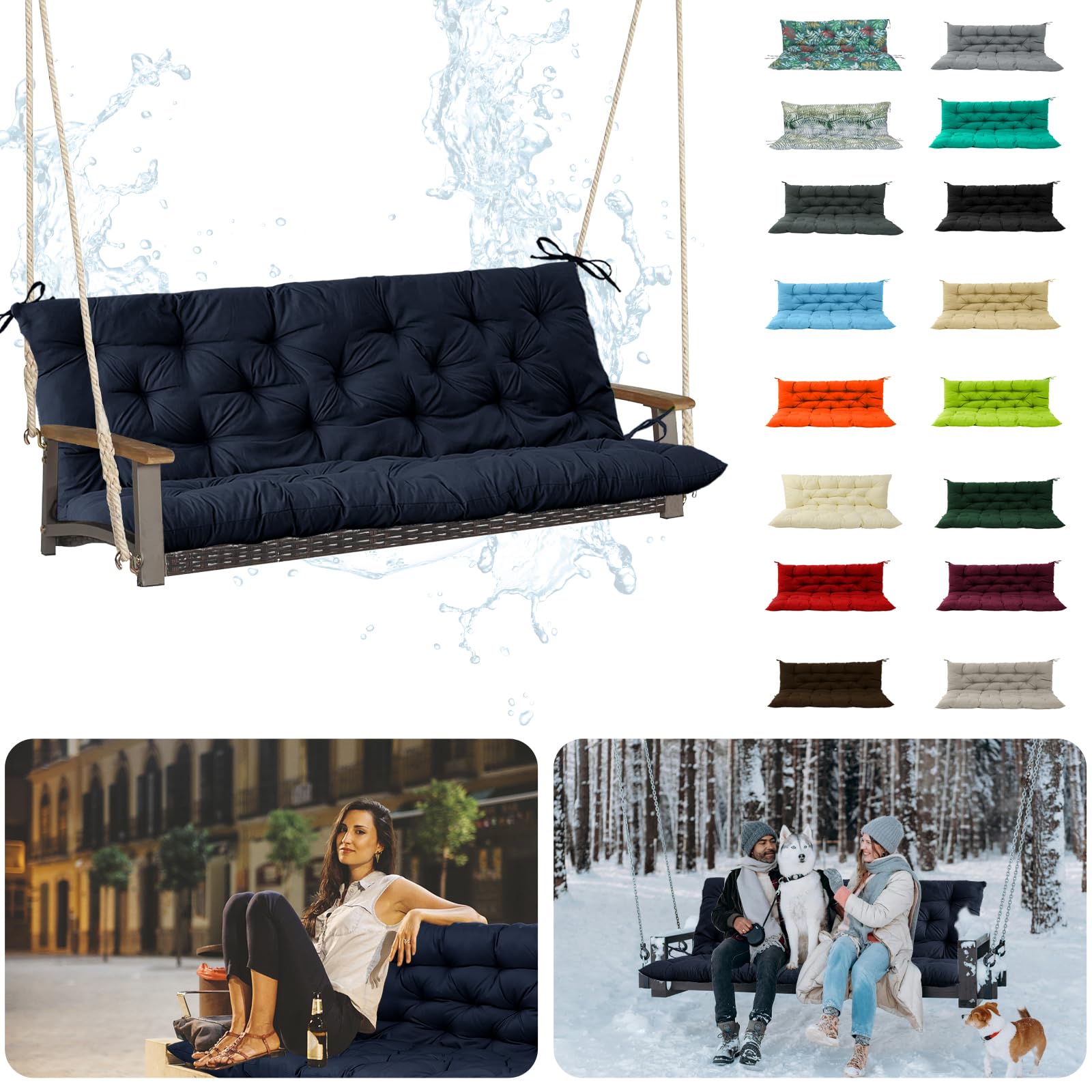VKETU Outdoor Swing Cushions 3 Seater Replacement, 4" Thickened Waterproof Porch Bench Cushions with Ties, Patio Furniture Cushion for Backyard, Lawn