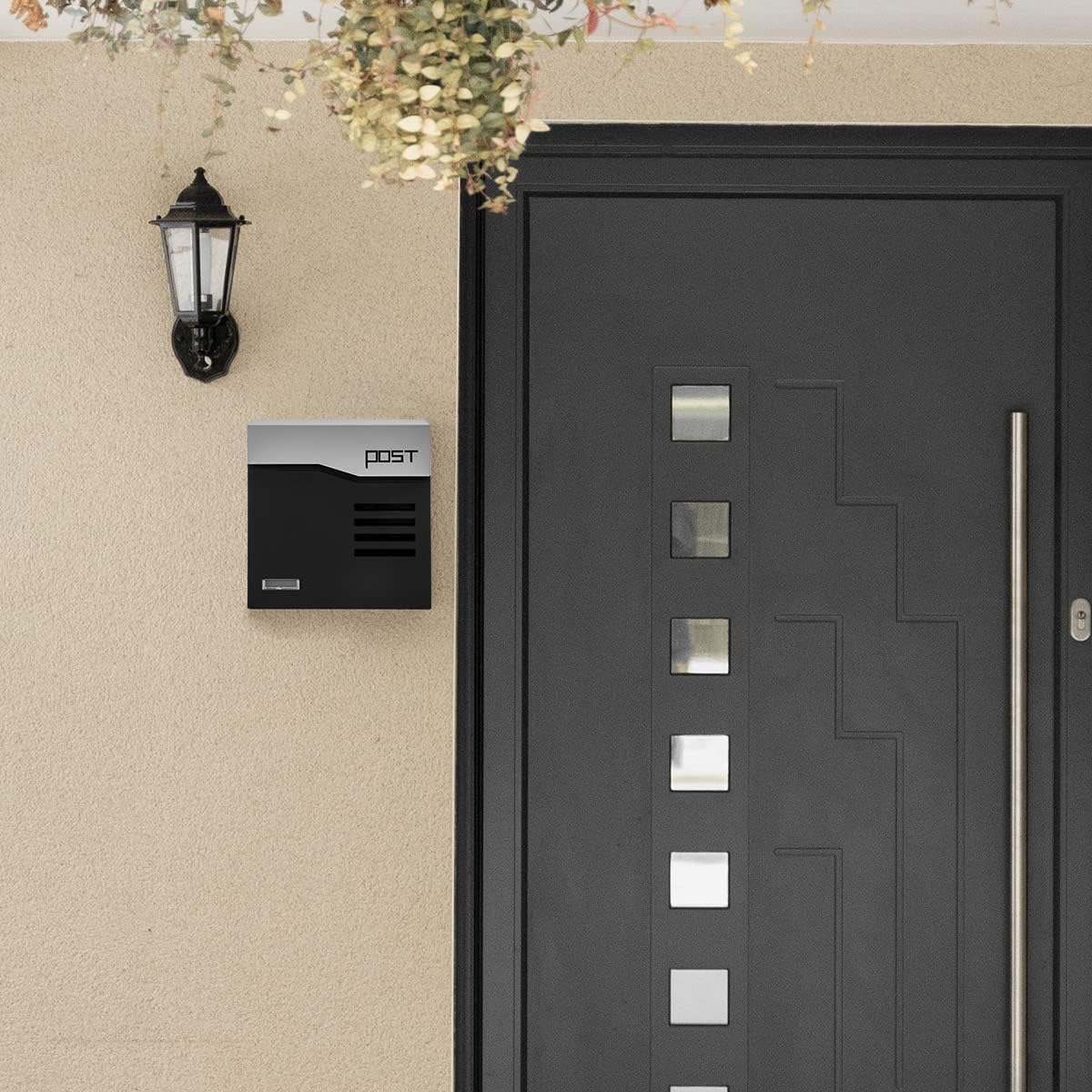 Mailbox Wall Mount,Large Capacity Locking Mailbox for Outside,Galvanized Steel Cover and Rust-Proof Metal Post Box with Newspaper Holder,14.6"x14.6"x4.3" Black,MD024G