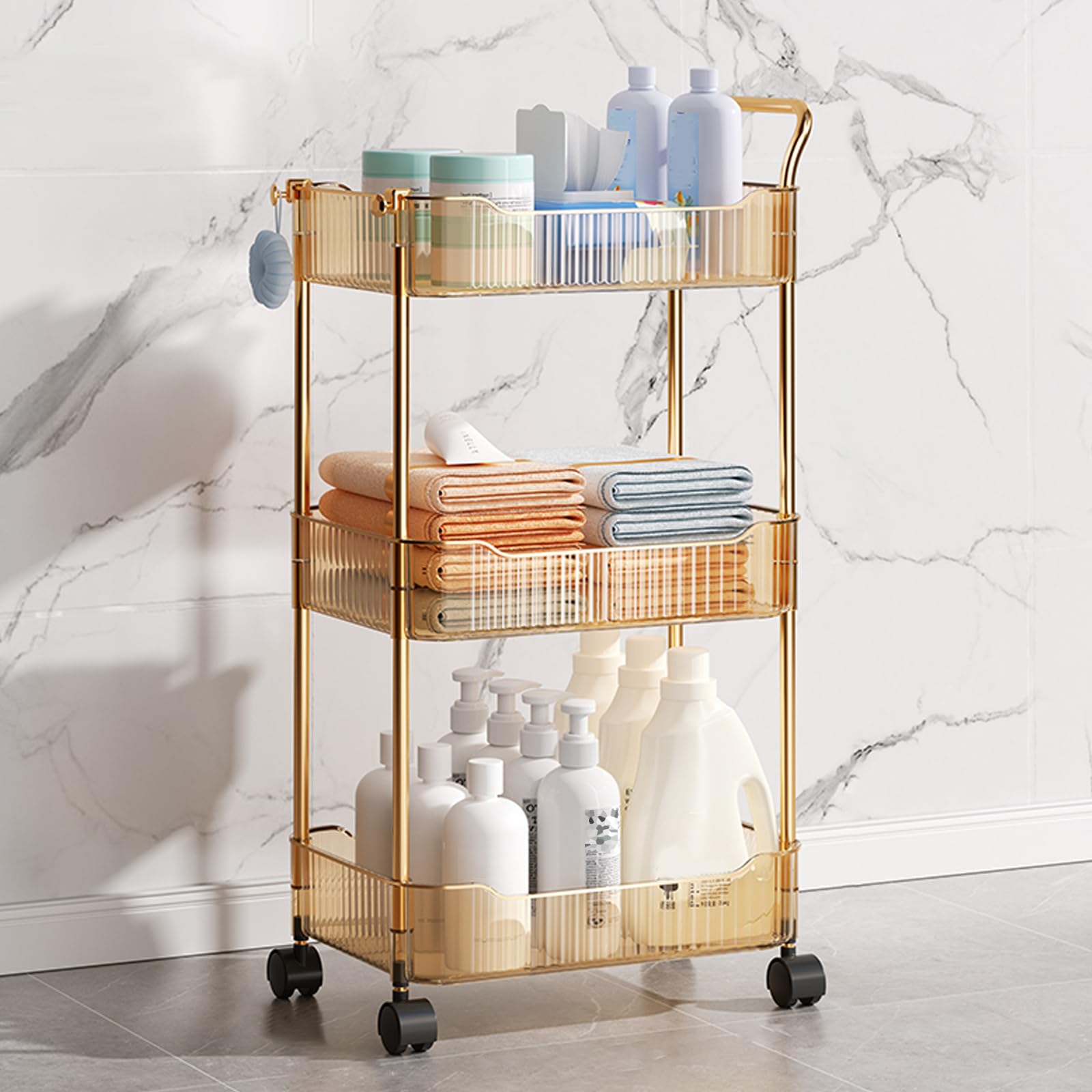asdchZen Utility Trolley With Lockable Wheels Acrylic Mobile Shelving Unit With Handle Rolling Cart For Kitchen & Bathroom Nization Versatile Storage Solution For Home