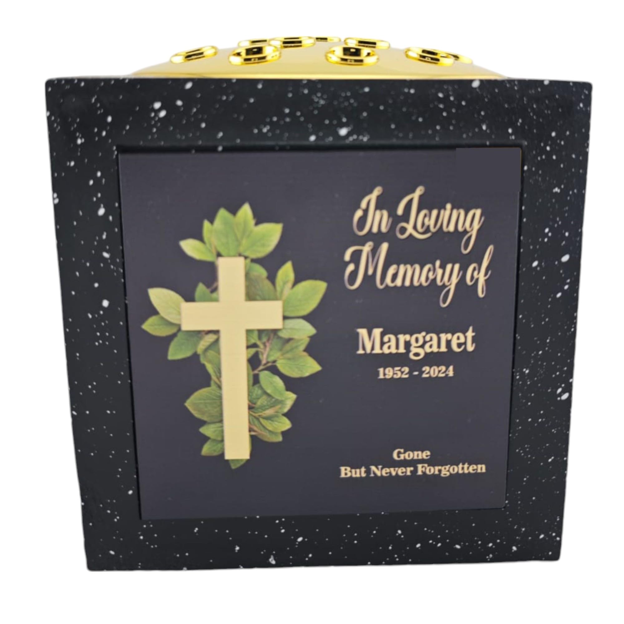 1stclassgifts Personalised Printed White or Black Stone Effect Memorial Rose Bowl Grave Marker Flower Pot Vase With Cross Design (UV PRINTED) (Black, Gold Lid/Black Plate)
