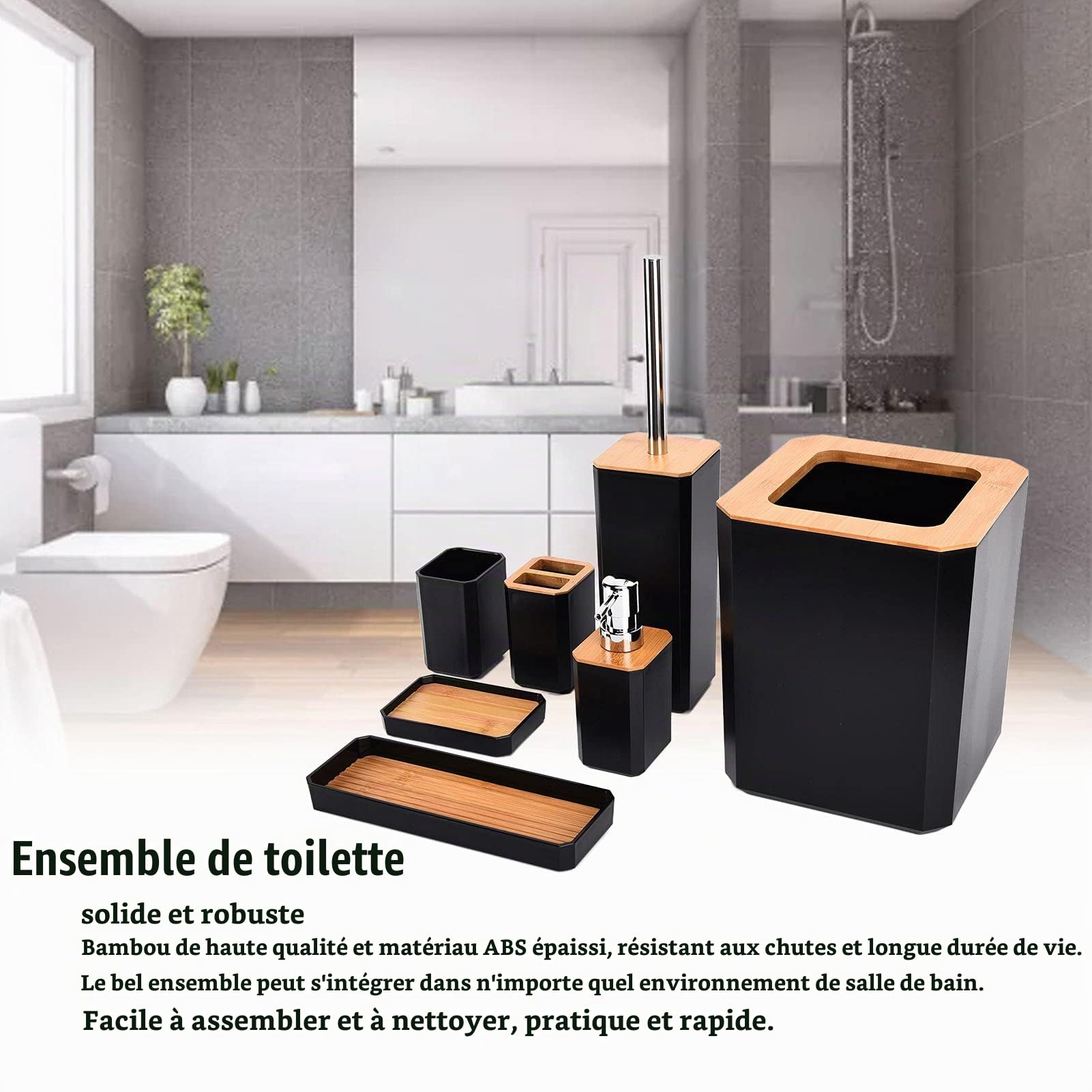 Ensemble D'accessoires De Salle De Bain, 7 Pcs Ensemble De Bain en Bois Porte-Brosse à Dents Distributeur De Savon Porte-Savon Porte-Brosse De Toilette Poubelle (Noir)