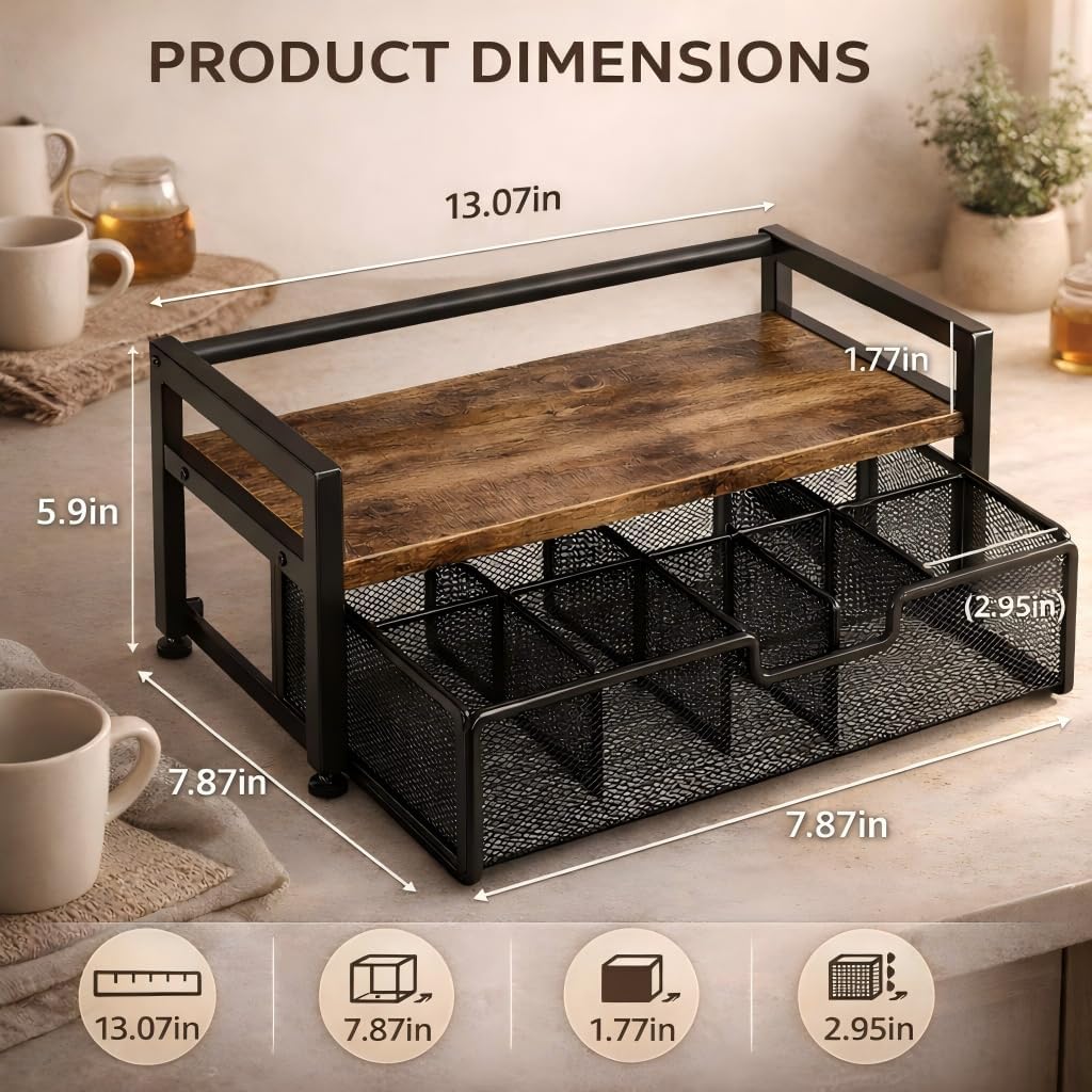 Tea Bag Organizer for Countertop with Pull-Out Drawer, 8 Compartment Wood and Metal Tea Station for Tea Bags, Coffee Pods, Sugar Packets, Rustic Brown