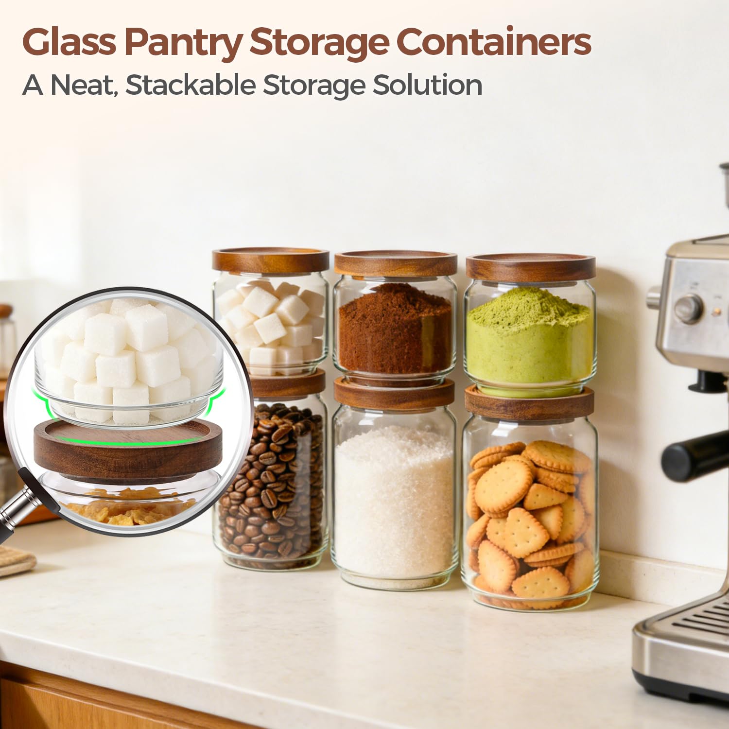 ComSaf Set di 6 contenitori ermetici in vetro con coperchi (0,48 Qt/0,88 Qt), contenitori per alimenti da cucina, dispensa, barattoli di vetro per farina, cereali, zucchero, tè, chicchi di caffè